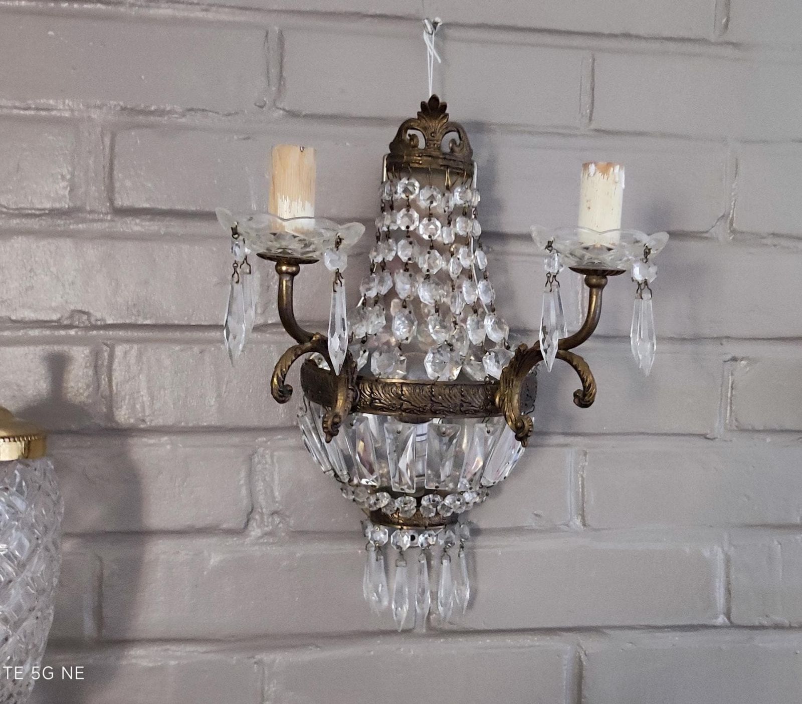 French Empire Style Wall Sconce With Crystal Pendants, Antique Twin Arm Girandoles photo for sale