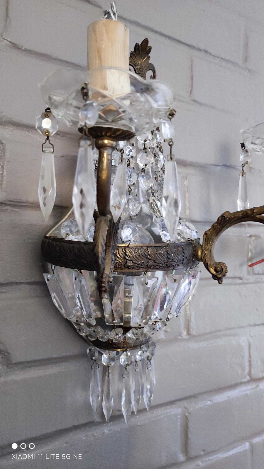 photo vintage French Empire Style Wall Sconce With Crystal Pendants, Antique Twin Arm Girandoles