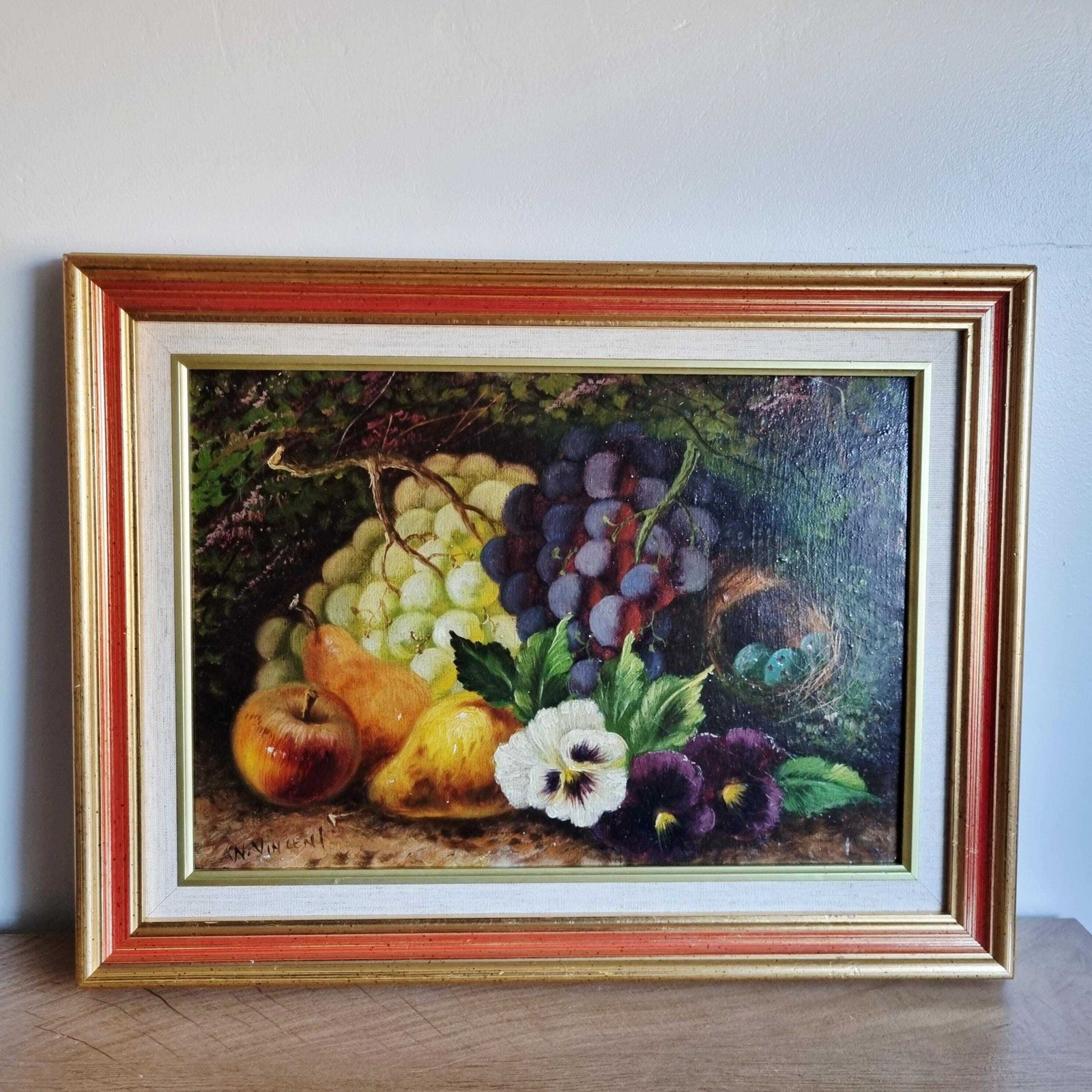photo furniture Vintage Original Still Life Oil Painting Of Fruit And Flowers Signed W Vincent
