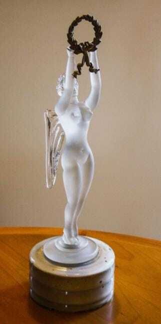 Antique Glass Trophy Winged Woman Sculpture Vintage 1930s Art Deco Liberty photo furniture