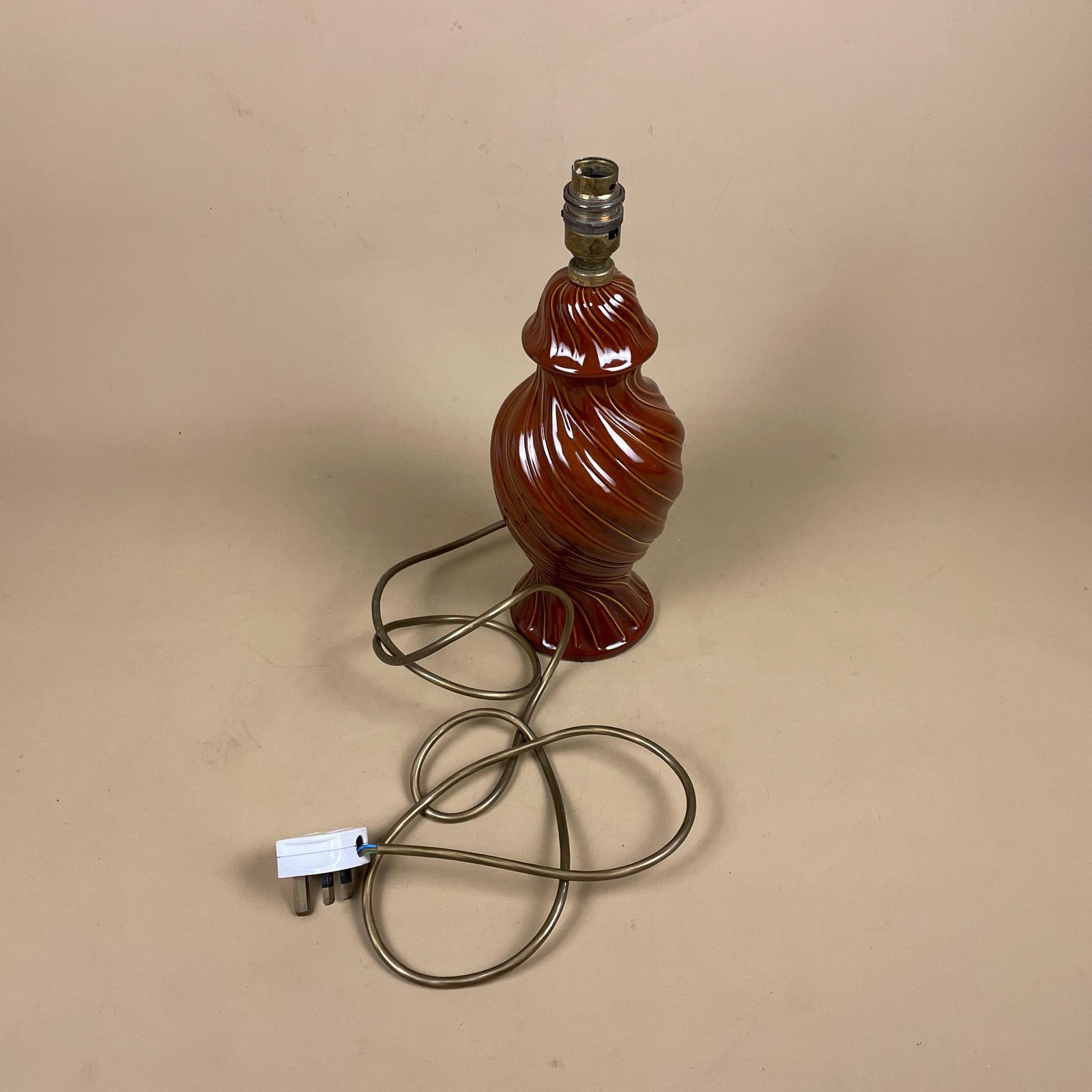 photo for sale Ceramic Table Lamp Light Brown Twisted Swirl Design Round Retro Glaze Finish C.1970's Porcelain Bedside Baluster Vase Antique Vintage