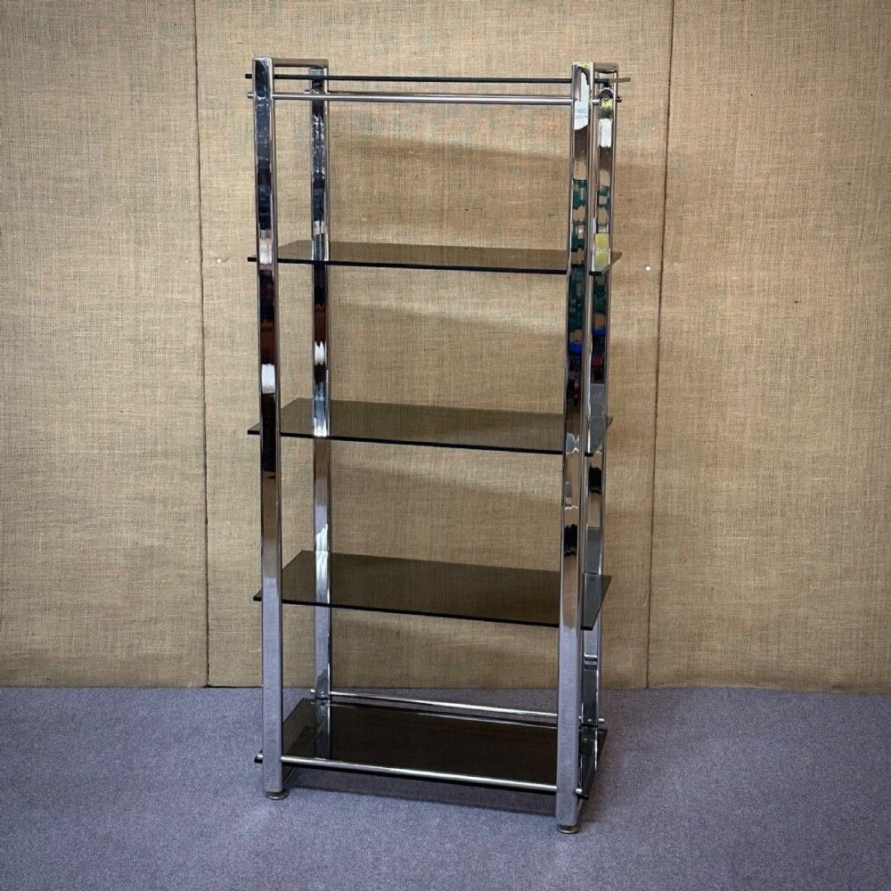Large Heavy Vintage Chrome And Smoked Glass Shelving Unit Five Shelves