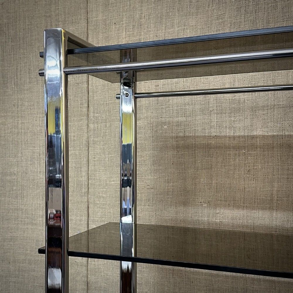 Large Heavy Vintage Chrome And Smoked Glass Shelving Unit Five Shelves photo for sale