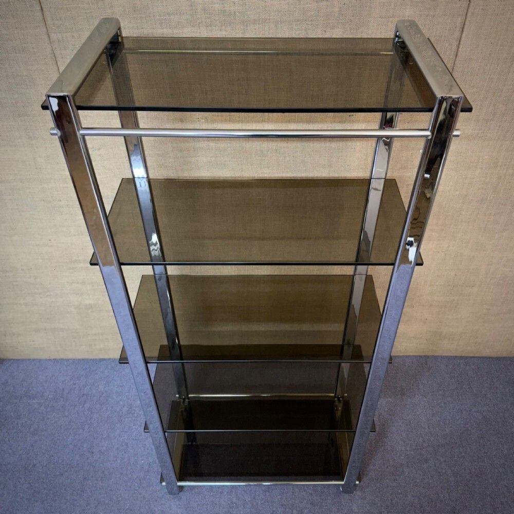 Large Heavy Vintage Chrome And Smoked Glass Shelving Unit Five Shelves photo buy