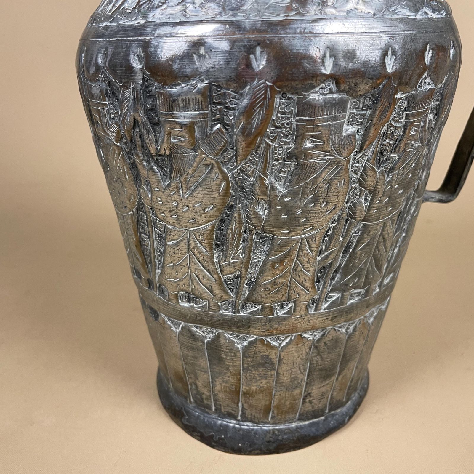Antique Metal Tinned Copper Silver Middle East Ewer Pitcher Vase Patterned Plant Pot Jug Planter Jardiniere Handmade Intricate Decorative photo vintage