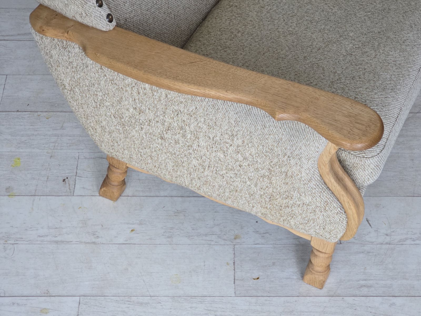 photo furniture 1970s, Danish Highback Armchair, Furniture Wool, Solid Oak Wood.