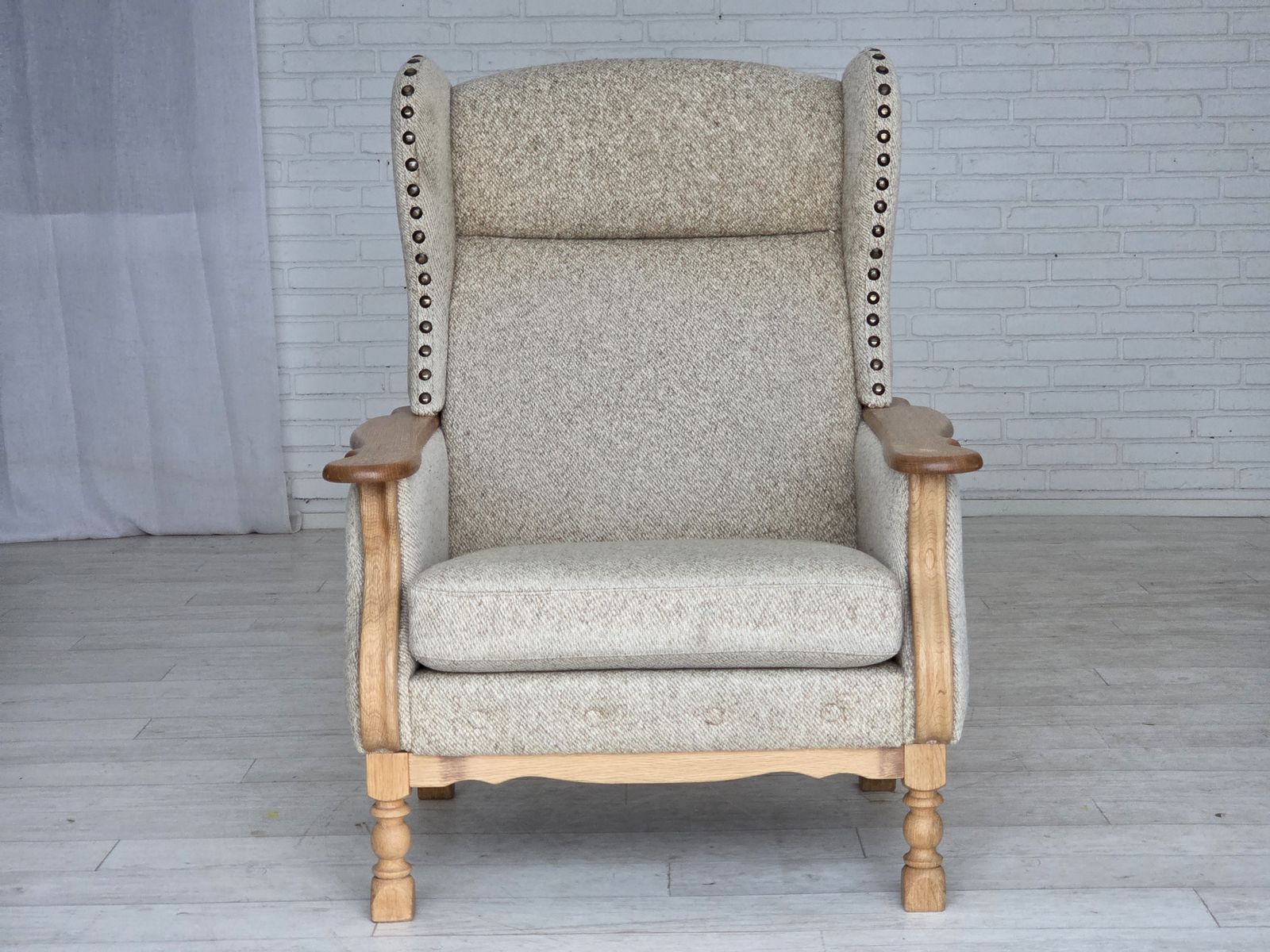 photo buy 1970s, Danish Highback Armchair, Furniture Wool, Solid Oak Wood.