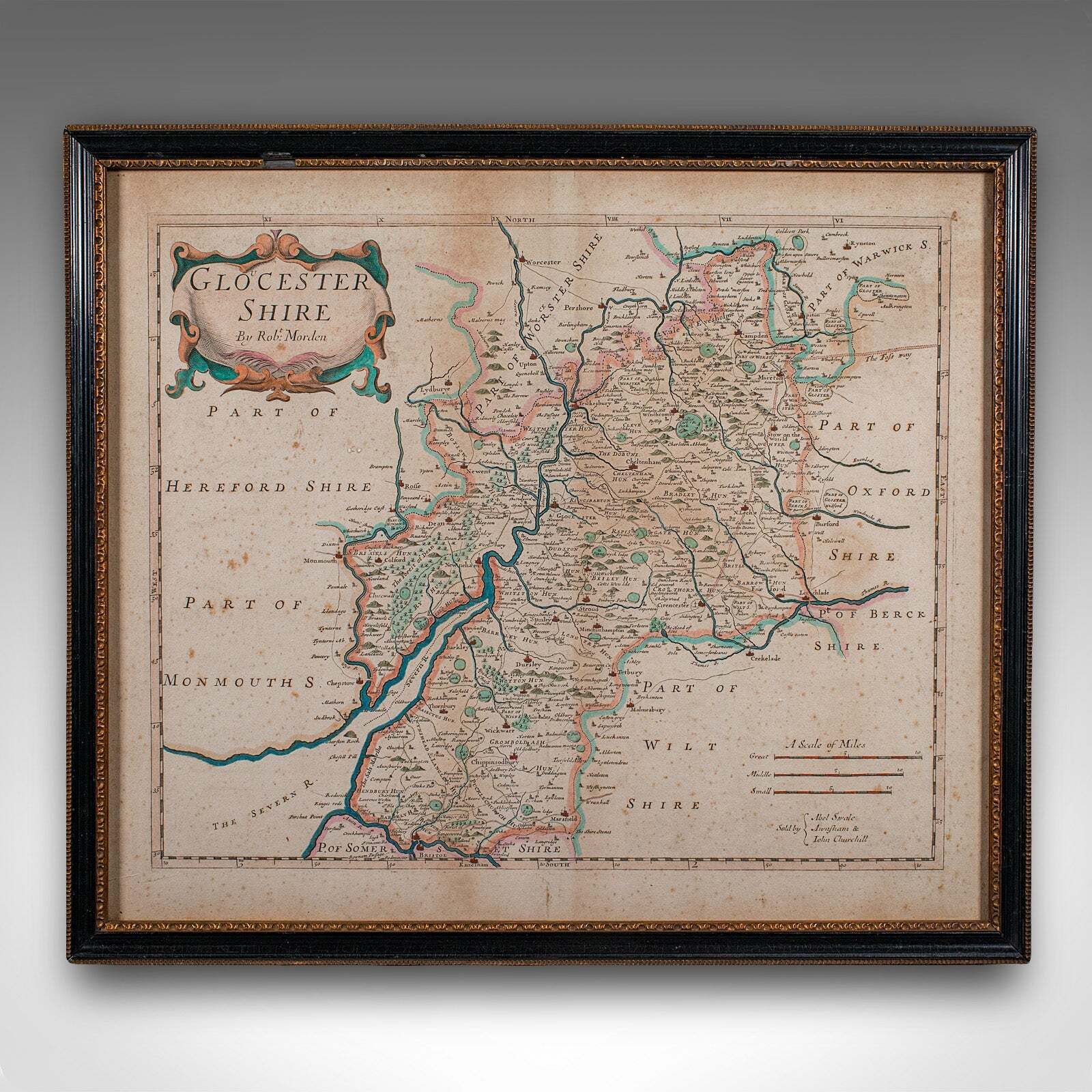 Antique Gloucestershire Map, English, Framed Cartography, Robert Morden, C.1700 photo furniture