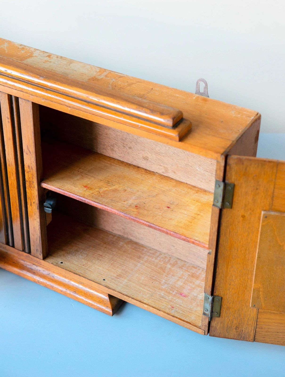 photo buy Antique Oak Medicine Chest With Beveled Octagonal Mirror – Art Deco Wooden Storage Unit, 1920s