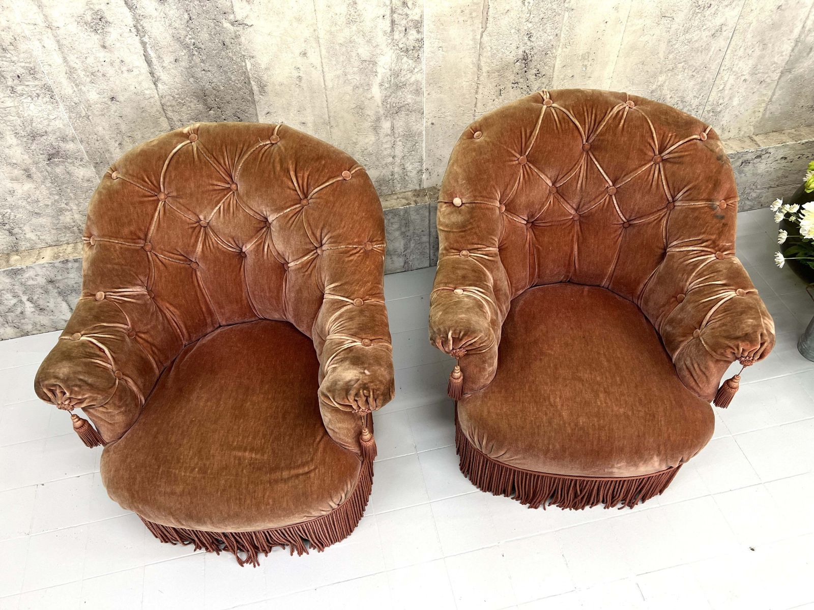 Pair Of Mid Century Pink Velvet Button Armchairs To Reupholster photo Furniture