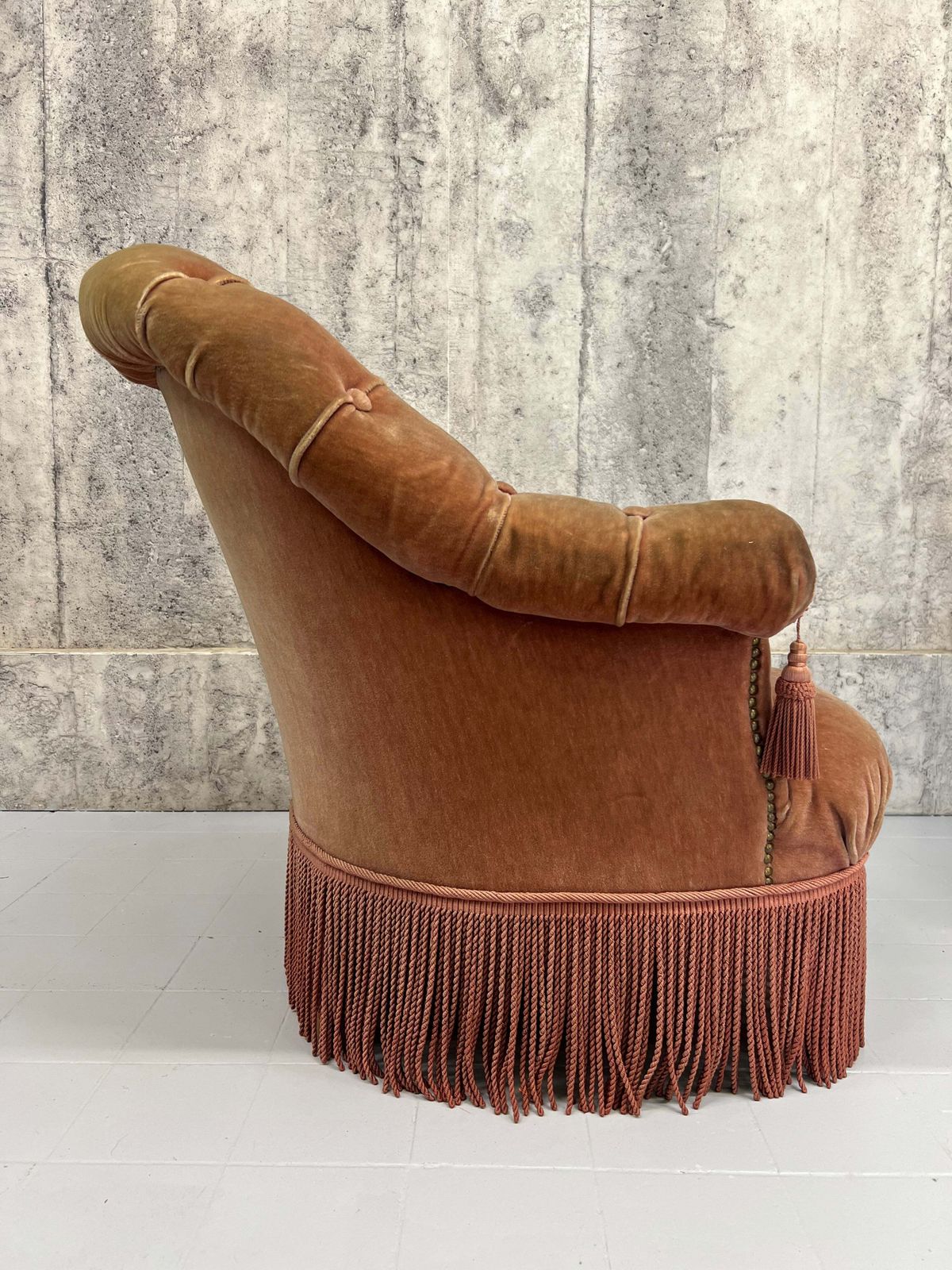 Pair Of Mid Century Pink Velvet Button Armchairs To Reupholster photo vintage