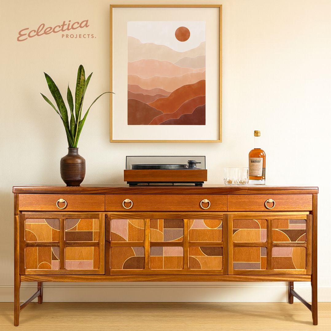 Mid Century Nathan 'Squares' Teak Sideboard With Abstract/Bauhaus Design/Lighting/Leatherette Interior
