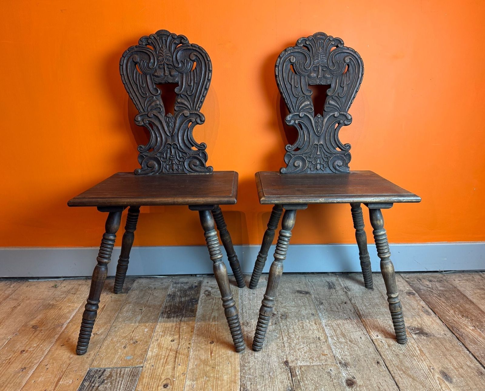Pair Of Antique Swiss Alpine Escabelle Chairs