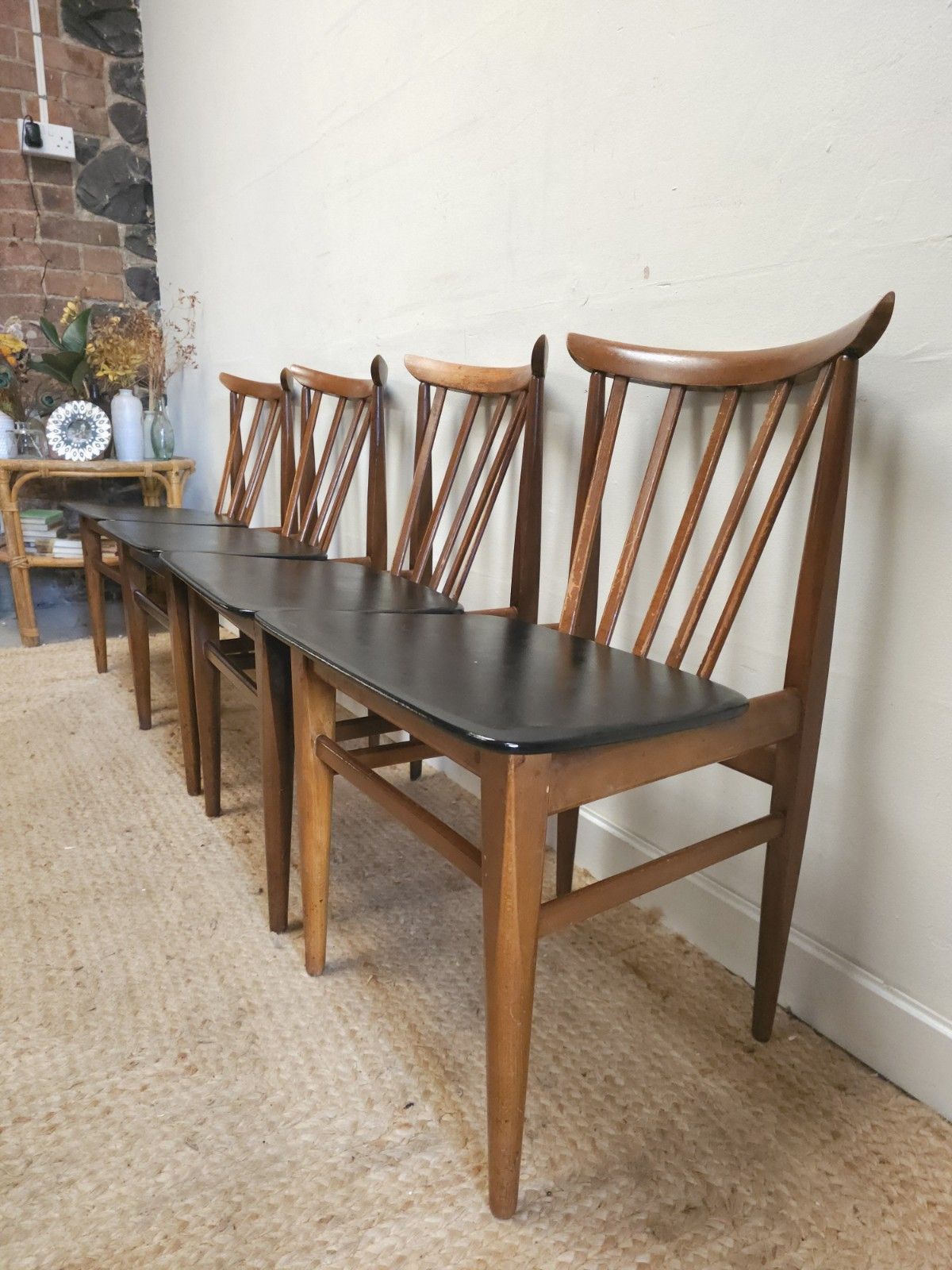 Retro Elliots Of Newbury Dining Chairs Mid Century Set Of 4 Black Vinyl Delivery photo for sale