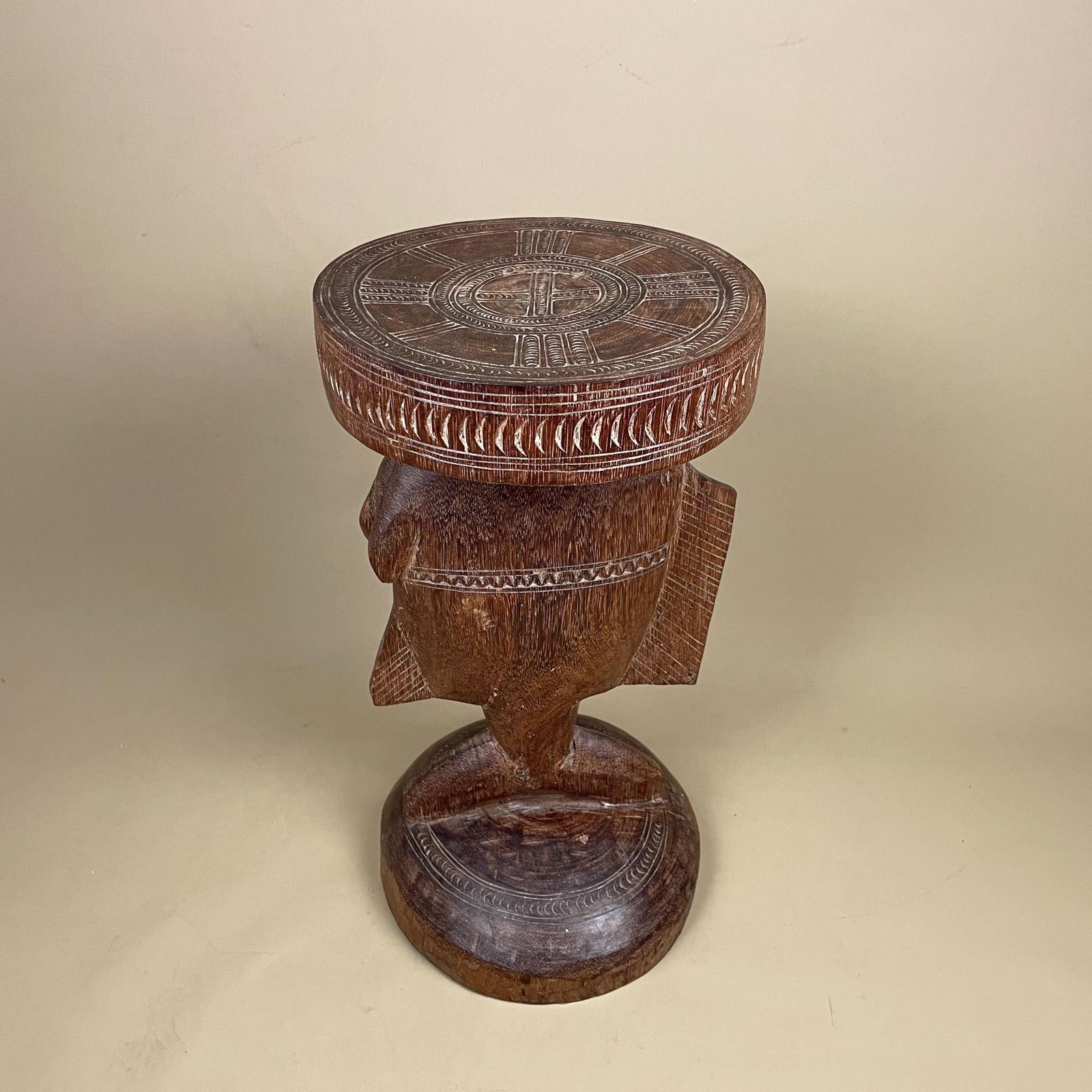 Antique African Luba Caryatid Stool Handmade Round Wood Table Plant Stand Fish Wooden Africa Furniture Circle Brown Seat Tribe Handcrafted photo furniture