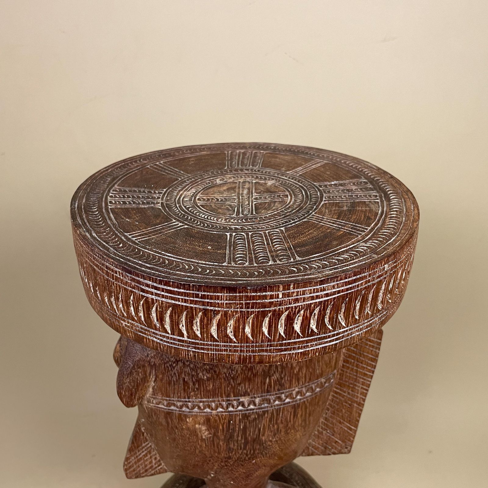 Antique African Luba Caryatid Stool Handmade Round Wood Table Plant Stand Fish Wooden Africa Furniture Circle Brown Seat Tribe Handcrafted photo Home Decor