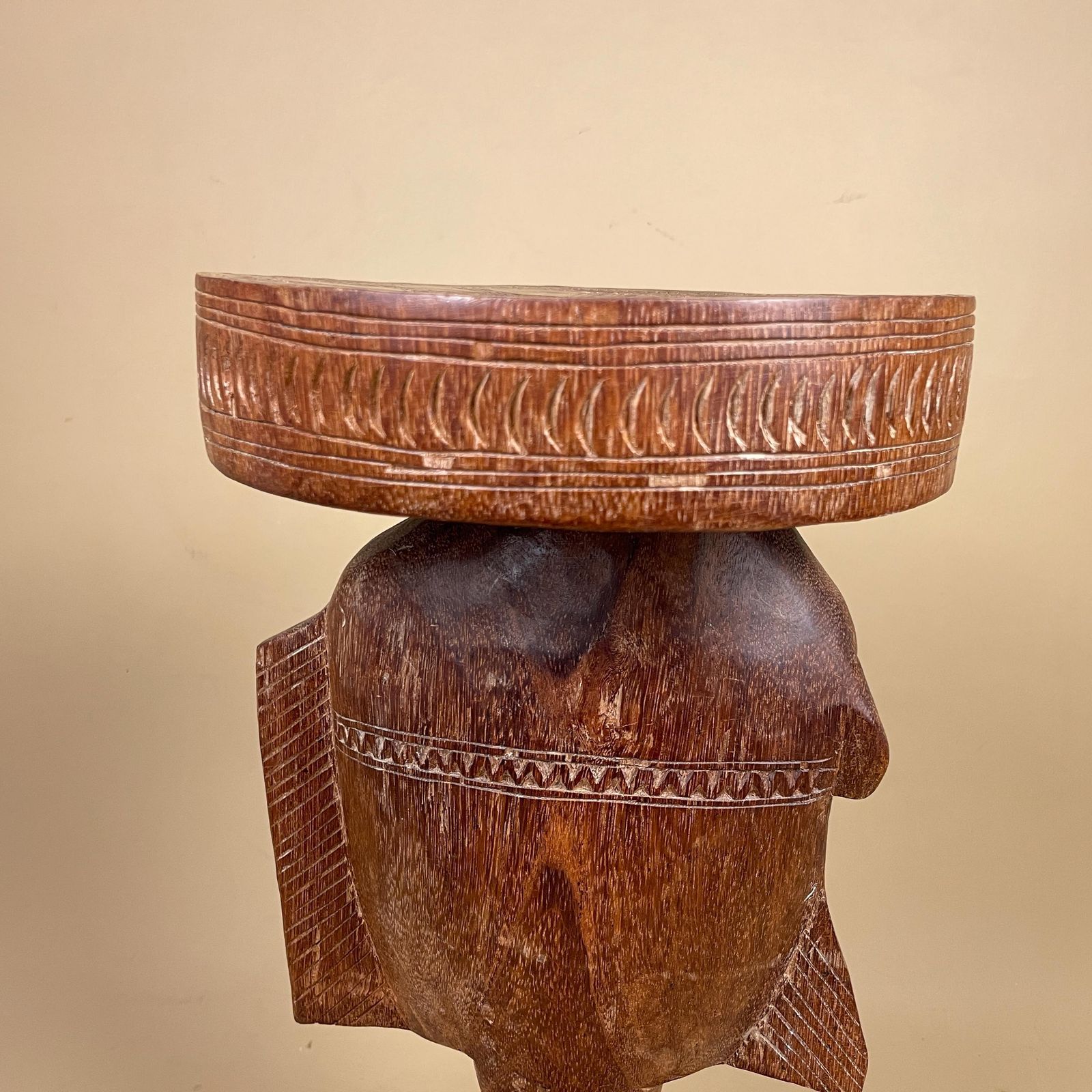 photo for sale Antique African Luba Caryatid Stool Handmade Round Wood Table Plant Stand Fish Wooden Africa Furniture Circle Brown Seat Tribe Handcrafted
