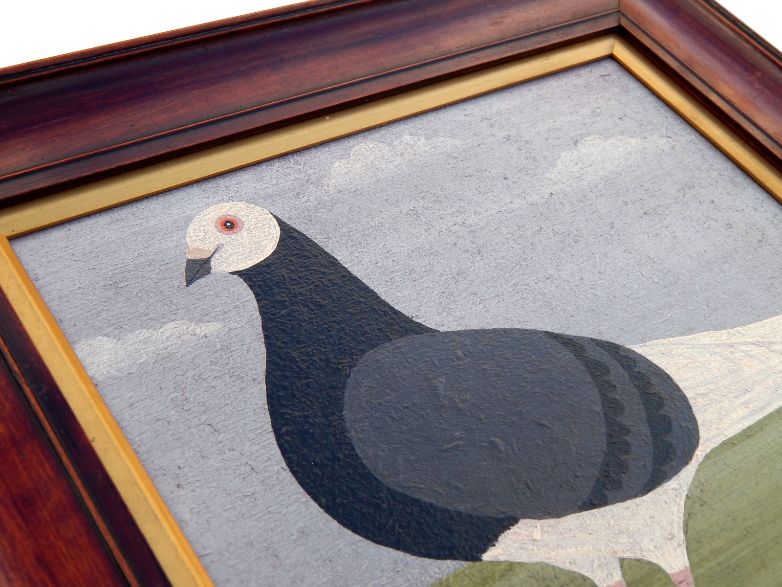 photo for sale Naïve Folk Art Racing Pigeon Painting By Matt Rix In Antique Frame