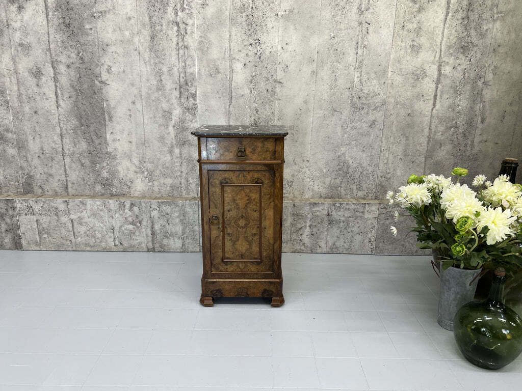 Black Marble And Walnut Wood Bedside Cabinet