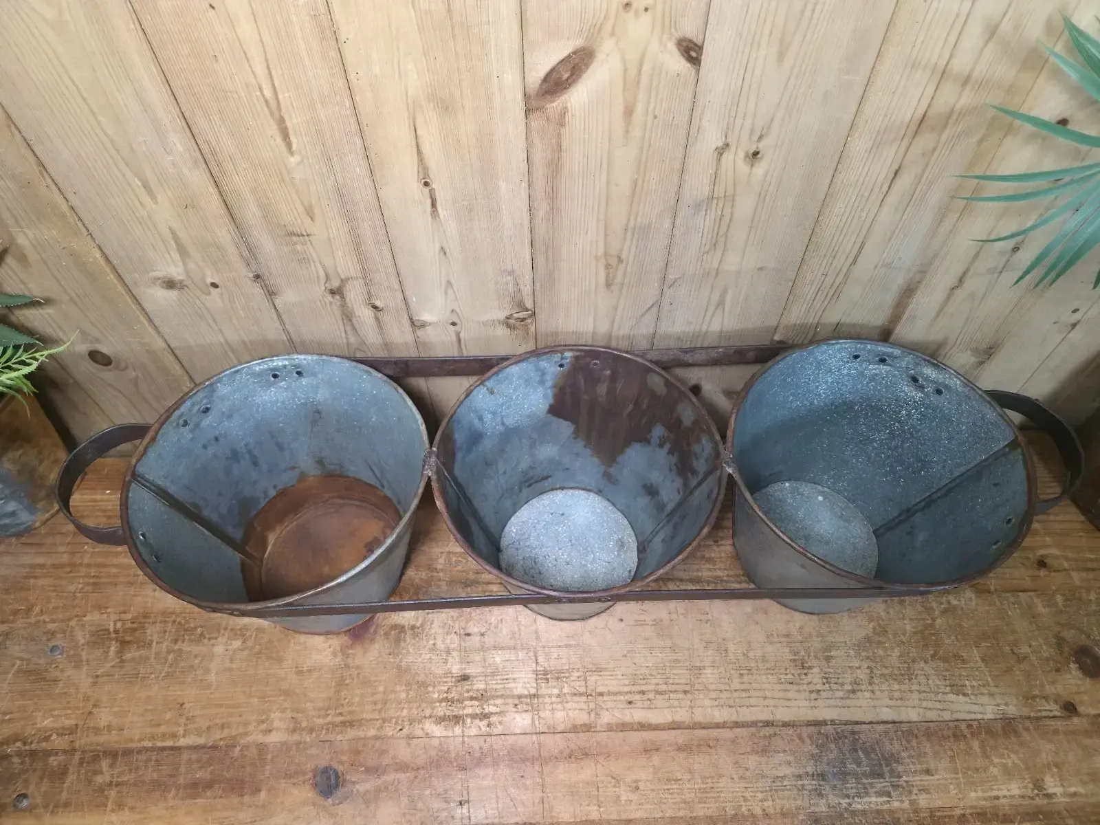 Rustic Reclaimed Hand Made Galvanised Metal Triple Pot Garden Planter photo 60.0