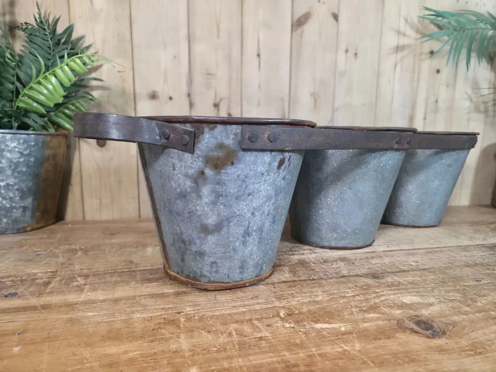 Rustic Reclaimed Hand Made Galvanised Metal Triple Pot Garden Planter photo vinterior