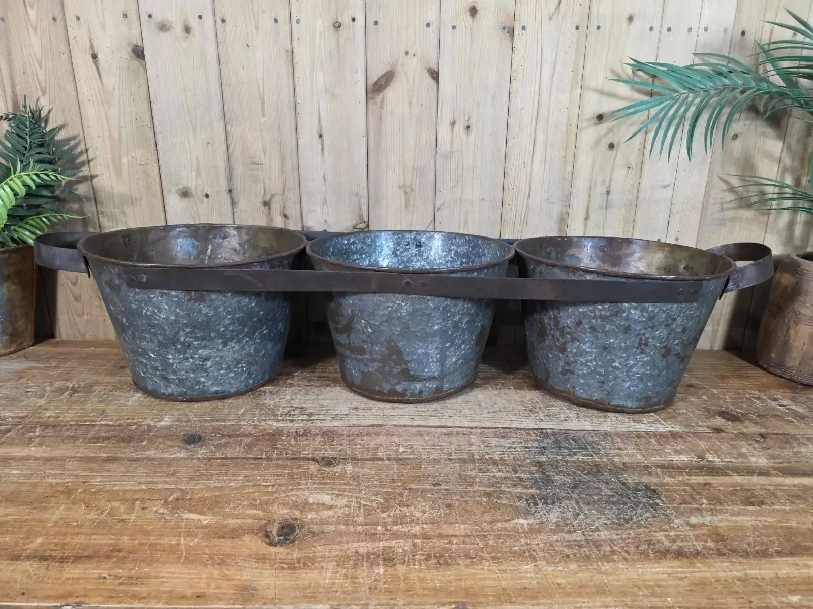 Rustic Reclaimed Hand Made Galvanised Metal Triple Pot Garden Planter photo Garden Decor