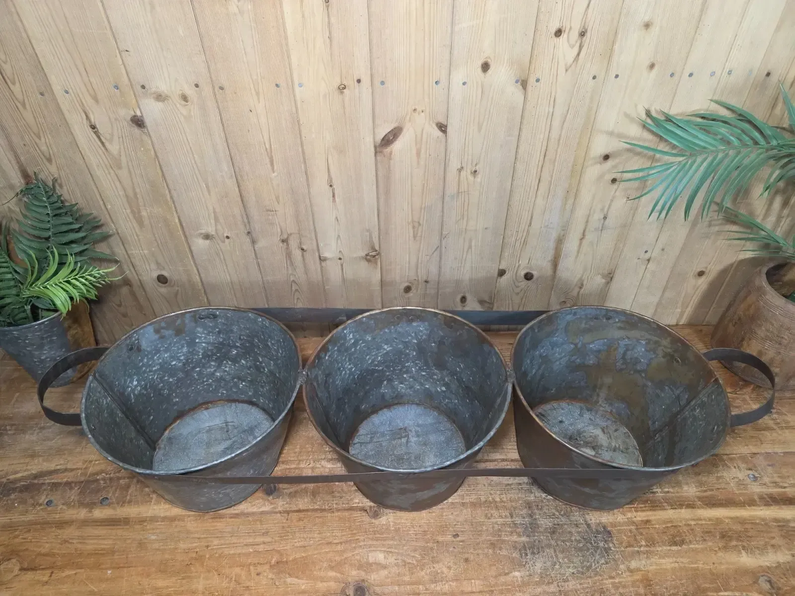 Rustic Reclaimed Hand Made Galvanised Metal Triple Pot Garden Planter photo vinterior
