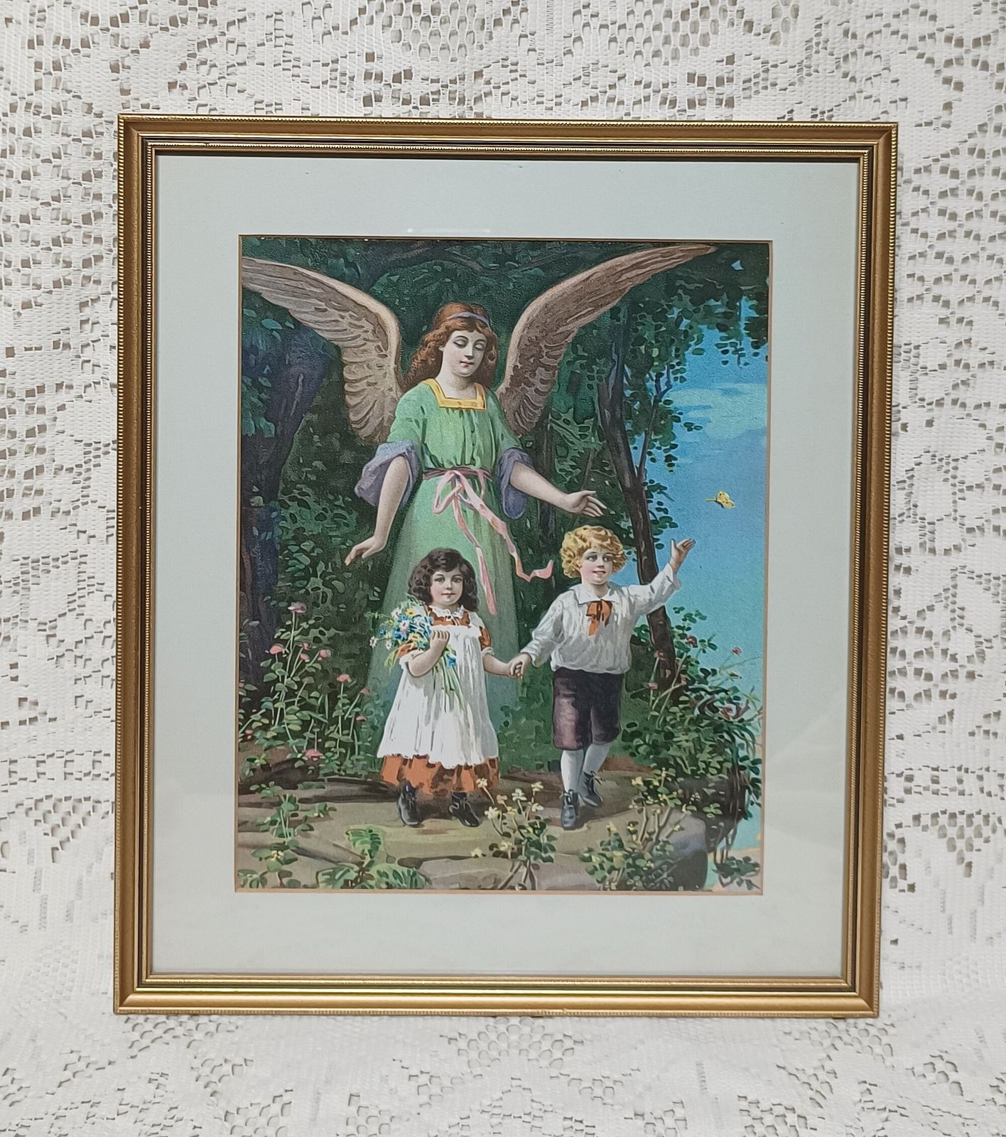 Antique Chromolithograph The Guardian Angel Protecting Boy And Girl Framed.