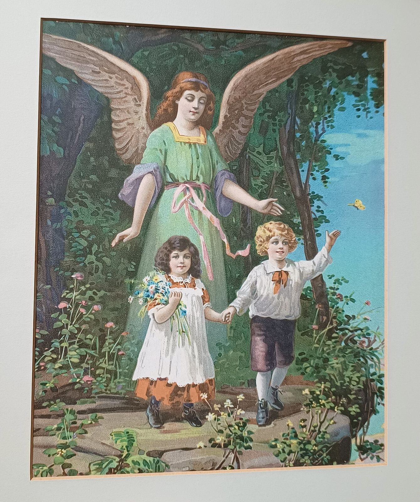 Antique Chromolithograph The Guardian Angel Protecting Boy And Girl Framed. photo for sale