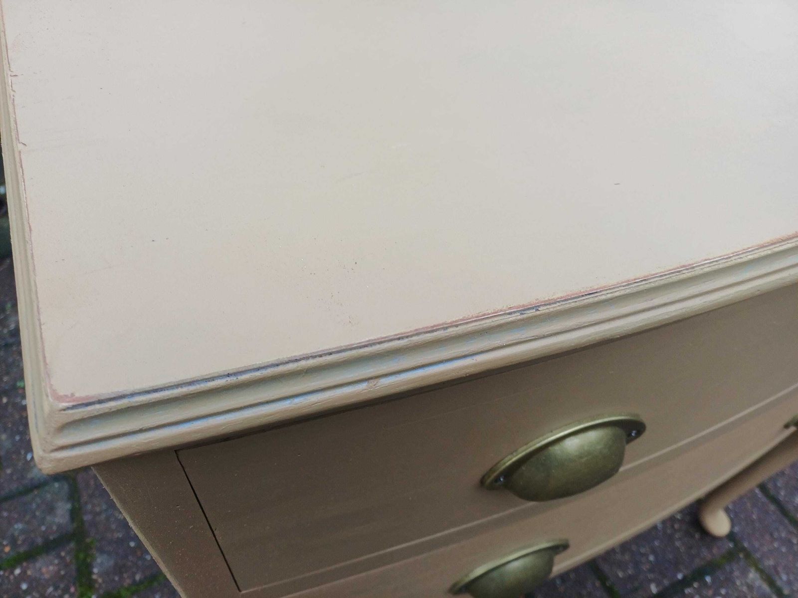Vintage Mid Century Chest Of Drawers Bedside Cabinet Mustard Oat Beige Painted Side Table Brass Cup Handles Cabriole Legs photo Furniture
