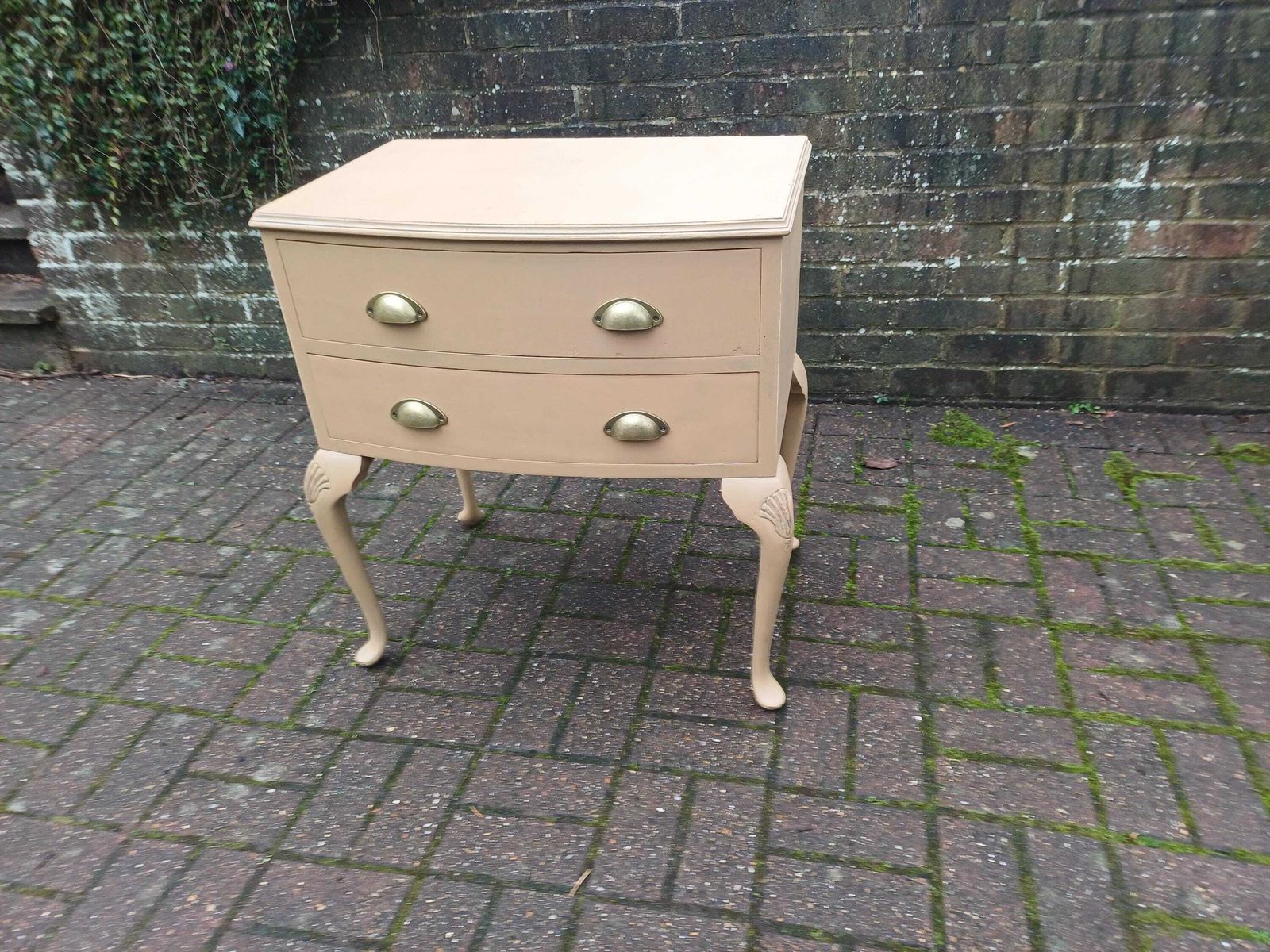 Vintage Mid Century Chest Of Drawers Bedside Cabinet Mustard Oat Beige Painted Side Table Brass Cup Handles Cabriole Legs photo buy