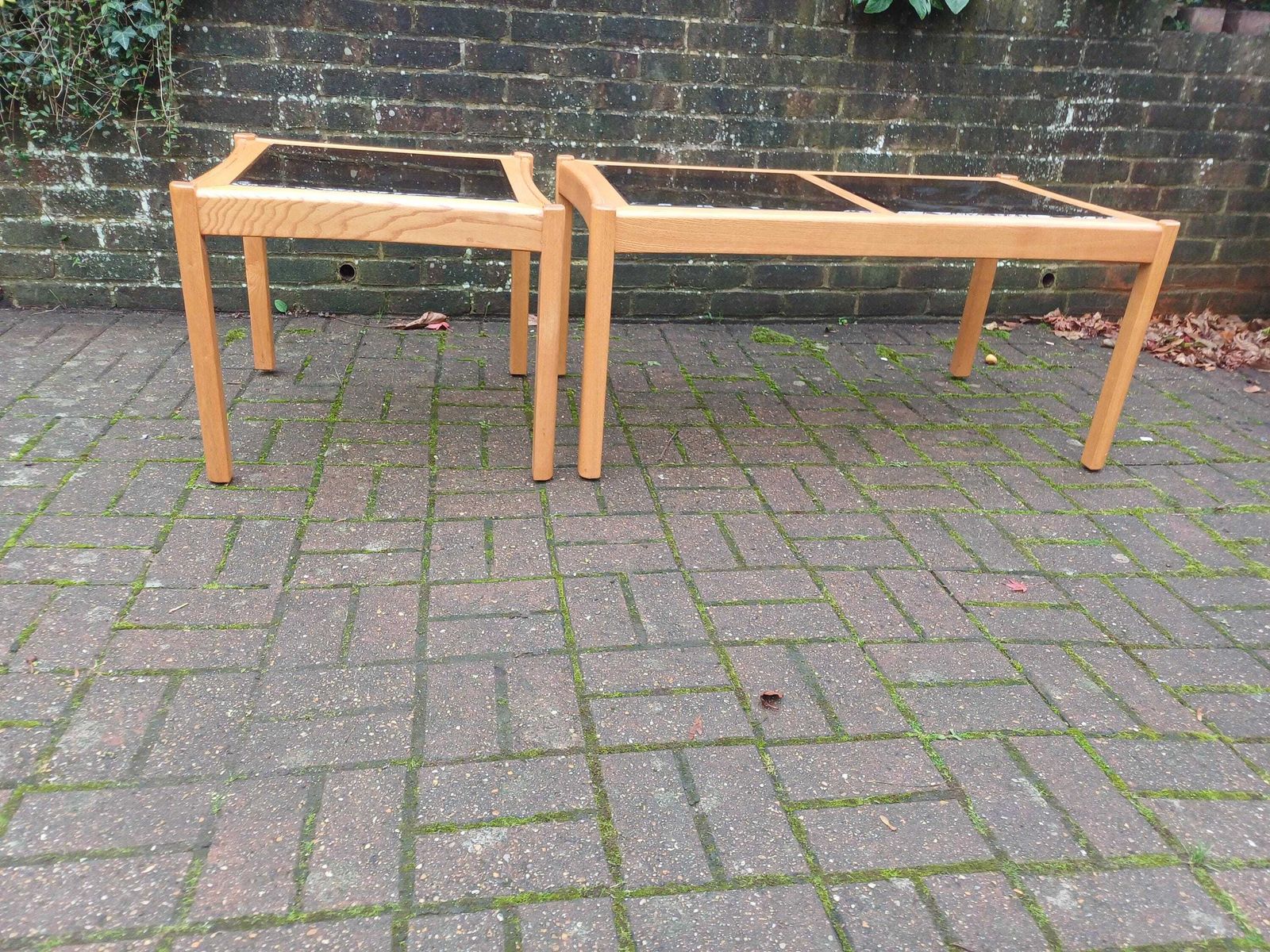 photo furniture Pair Ercol Windsor Elm Coffee Table & Lamp Table Set Smoky Bevelled Glass British Design Quality Living Room Furniture