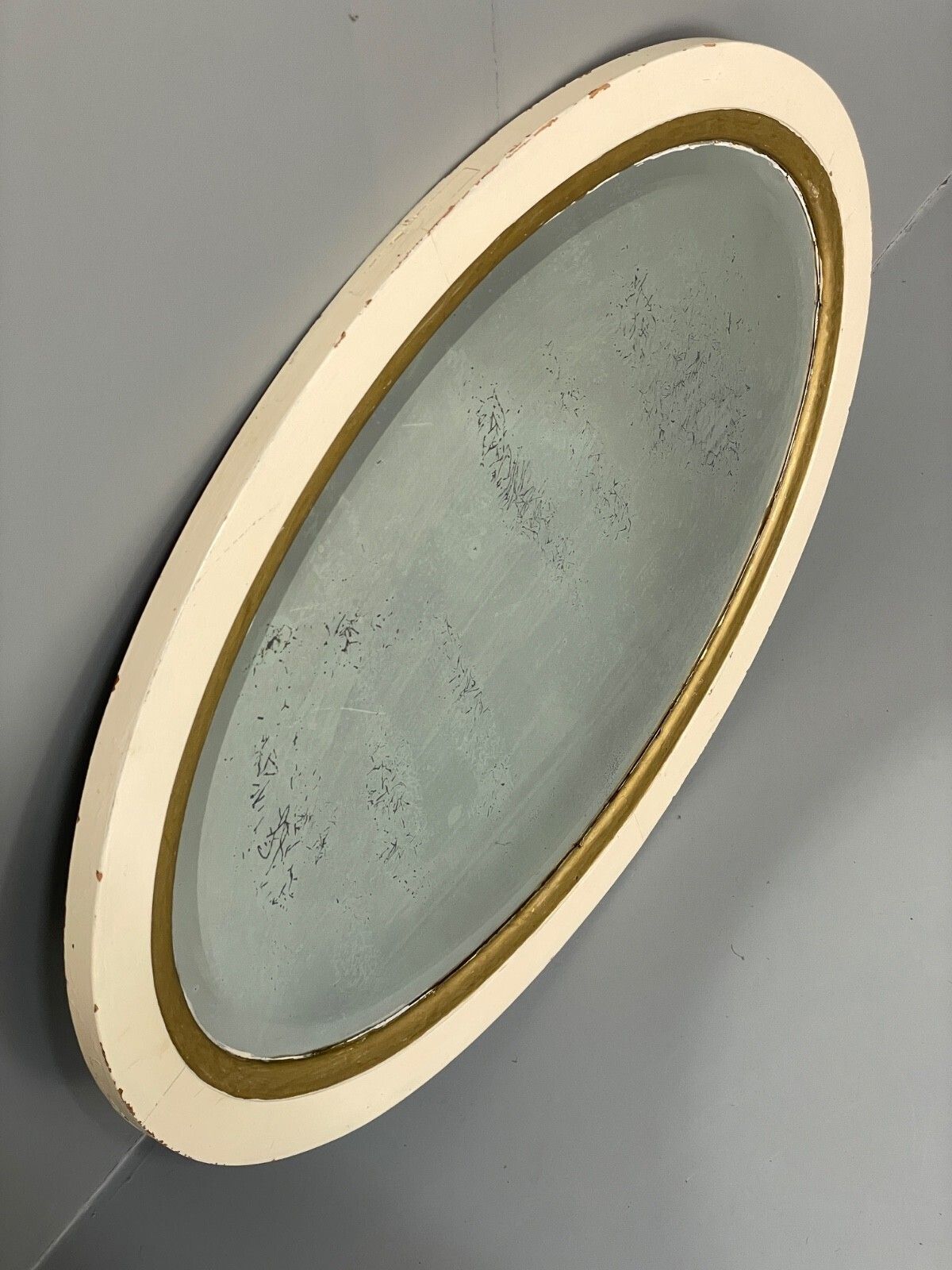 Antique Oval Wall Mirror White & Gold Painted Bevelled Patina photo for sale