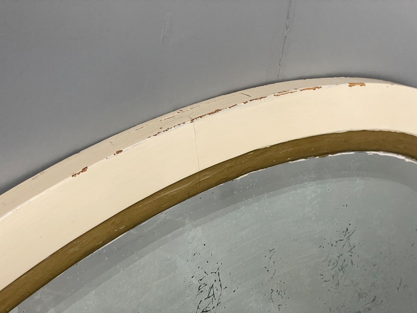 Antique Oval Wall Mirror White & Gold Painted Bevelled Patina photo vintage