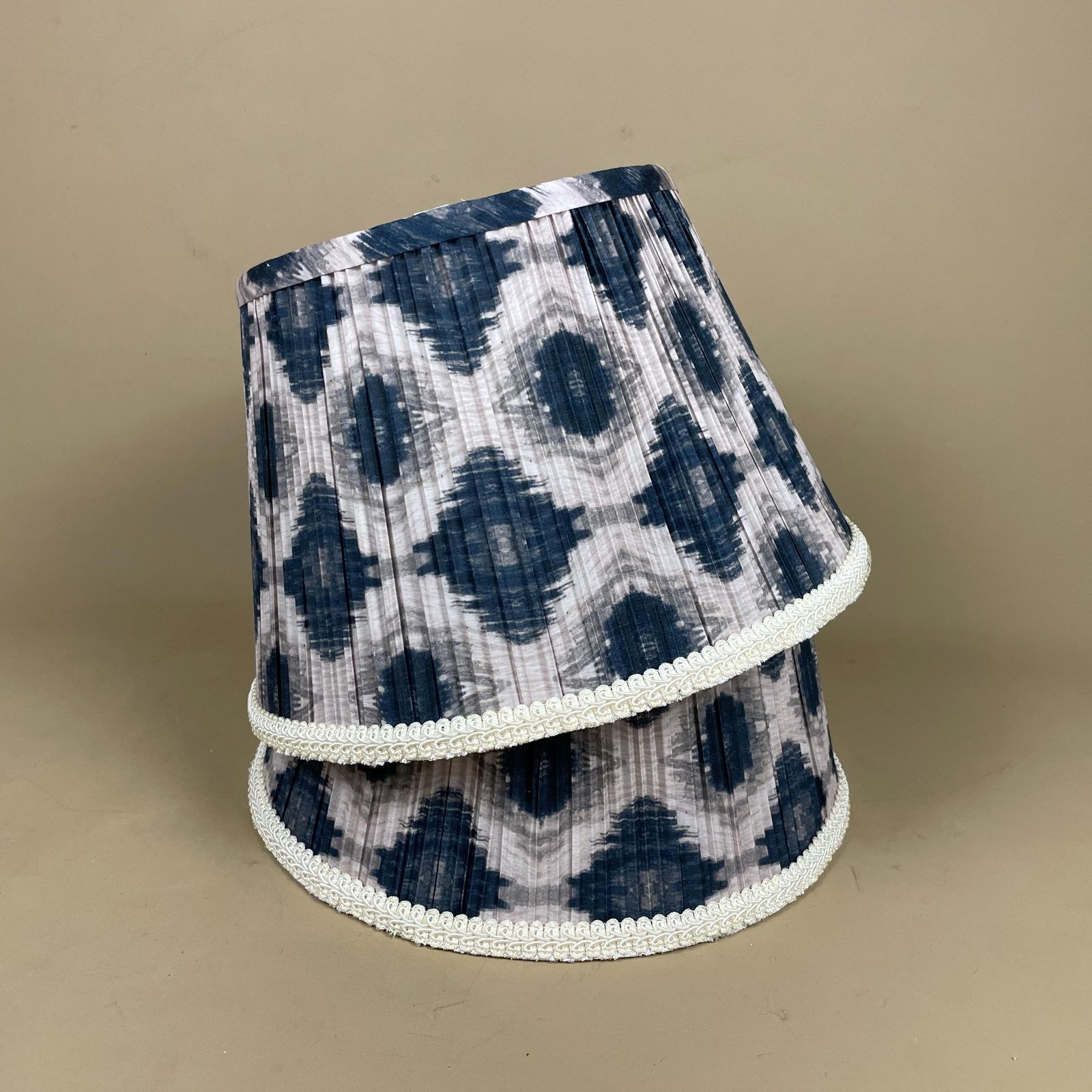 Lighting Set Of 2 Patterned Vintage Lamp Shade Lampshade Lightshade Light Tapered Drum Geometric Pattern Blue White Pleated Fabric Pleats Matching photo