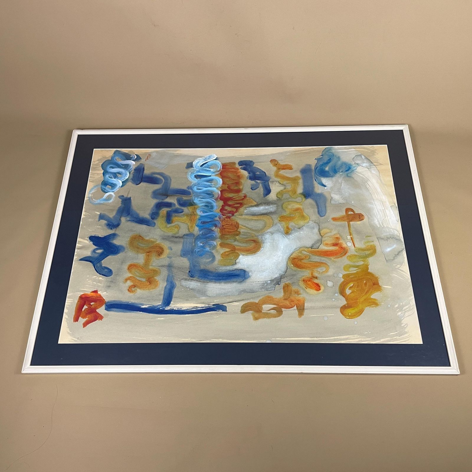 Vintage Abstract Painting Framed Modernist Watercolour Mixed Media Art Picture Artwork Mid Century Wall Decor Large Blue Wooden Frame