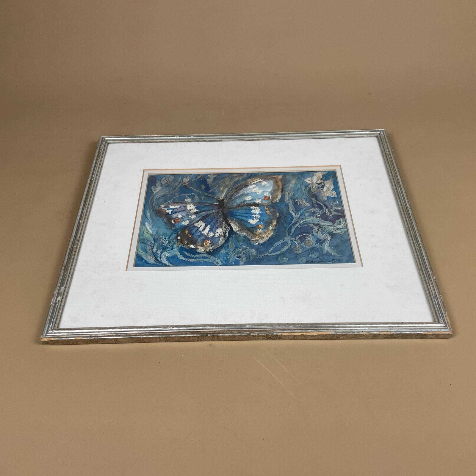Blue Butterfly Watercolour Painting Signed 1979 Phyllis Holder Framed Artwork Painted Silver Wooden Framed Art Picture Rectangular photo furniture