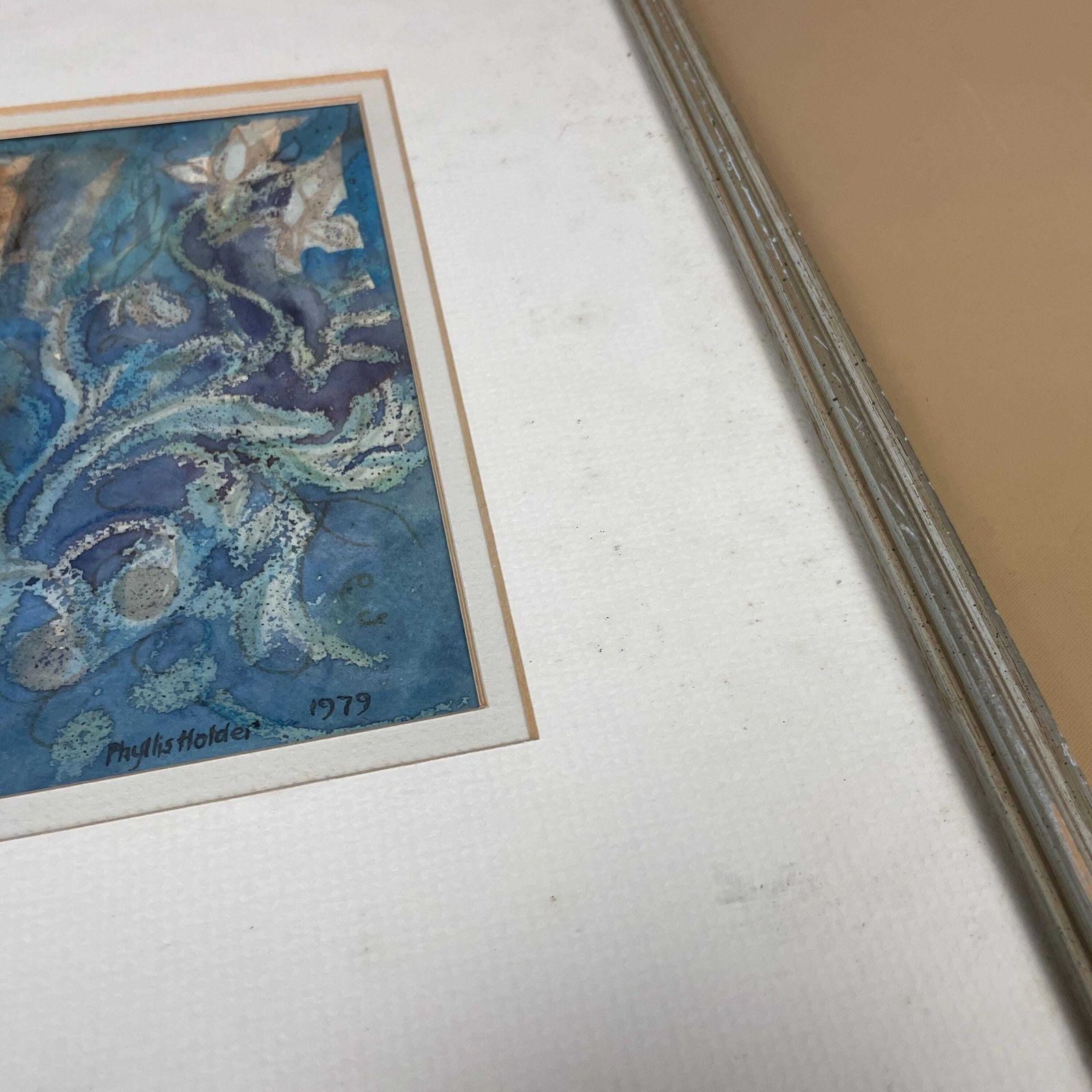 Blue Butterfly Watercolour Painting Signed 1979 Phyllis Holder Framed Artwork Painted Silver Wooden Framed Art Picture Rectangular photo Art