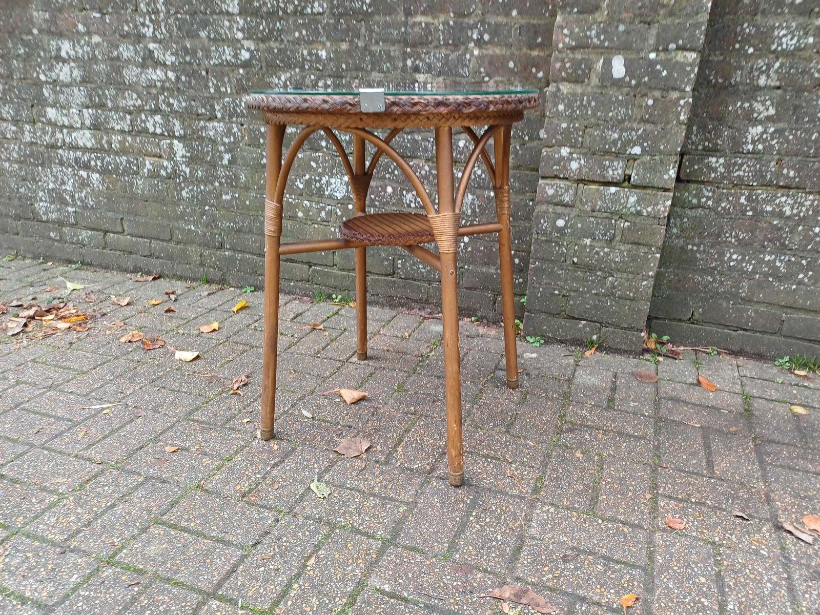 Vintage Lloyd Loom Style Wicker Side Table Gold Glass Top Brass Feet 1930s Occasional Conservatory Bedside Or Living Room Free Hand Delivery photo for sale