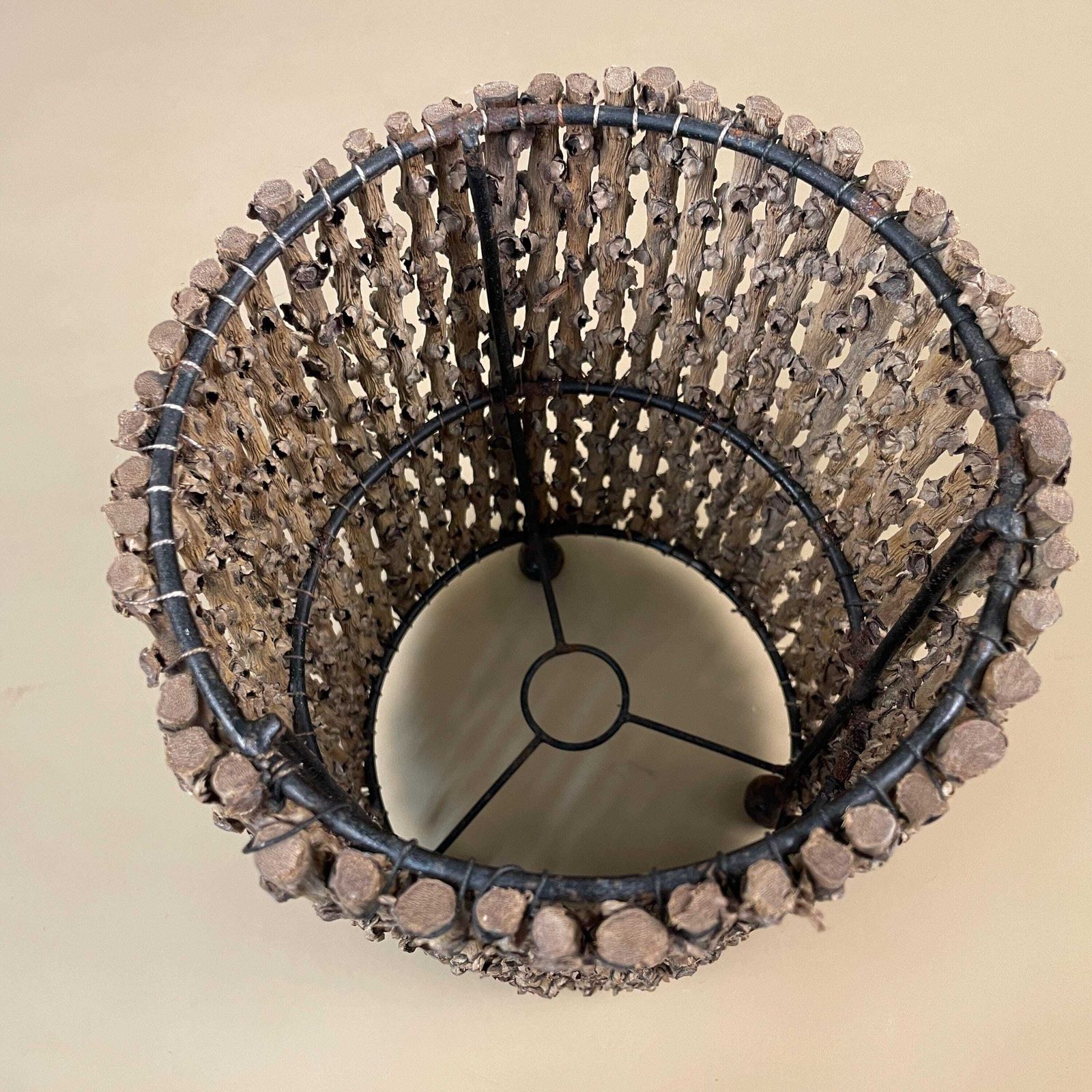 Vintage Indonesian Wooden Twig Light Shade Lampshade Wicker Woven Cylinder Medium Natural Ceiling Lamp Shade Twigs Sticks photo for sale