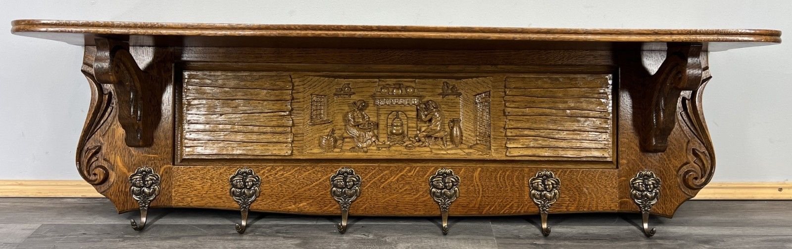 French Vintage Style Coat Rack Oak 6 Hooks Ornate Wall Shelf Coat Lot 4692 photo furniture