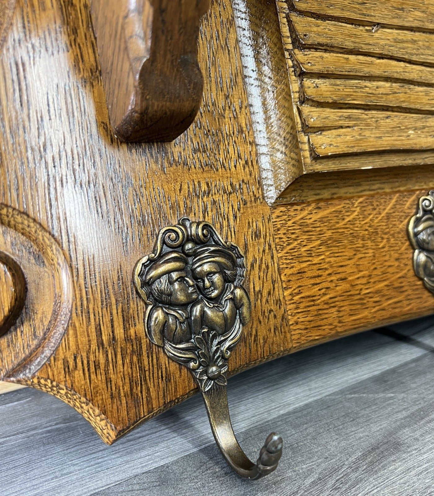 photo for sale French Vintage Style Coat Rack Oak 6 Hooks Ornate Wall Shelf Coat Lot 4692
