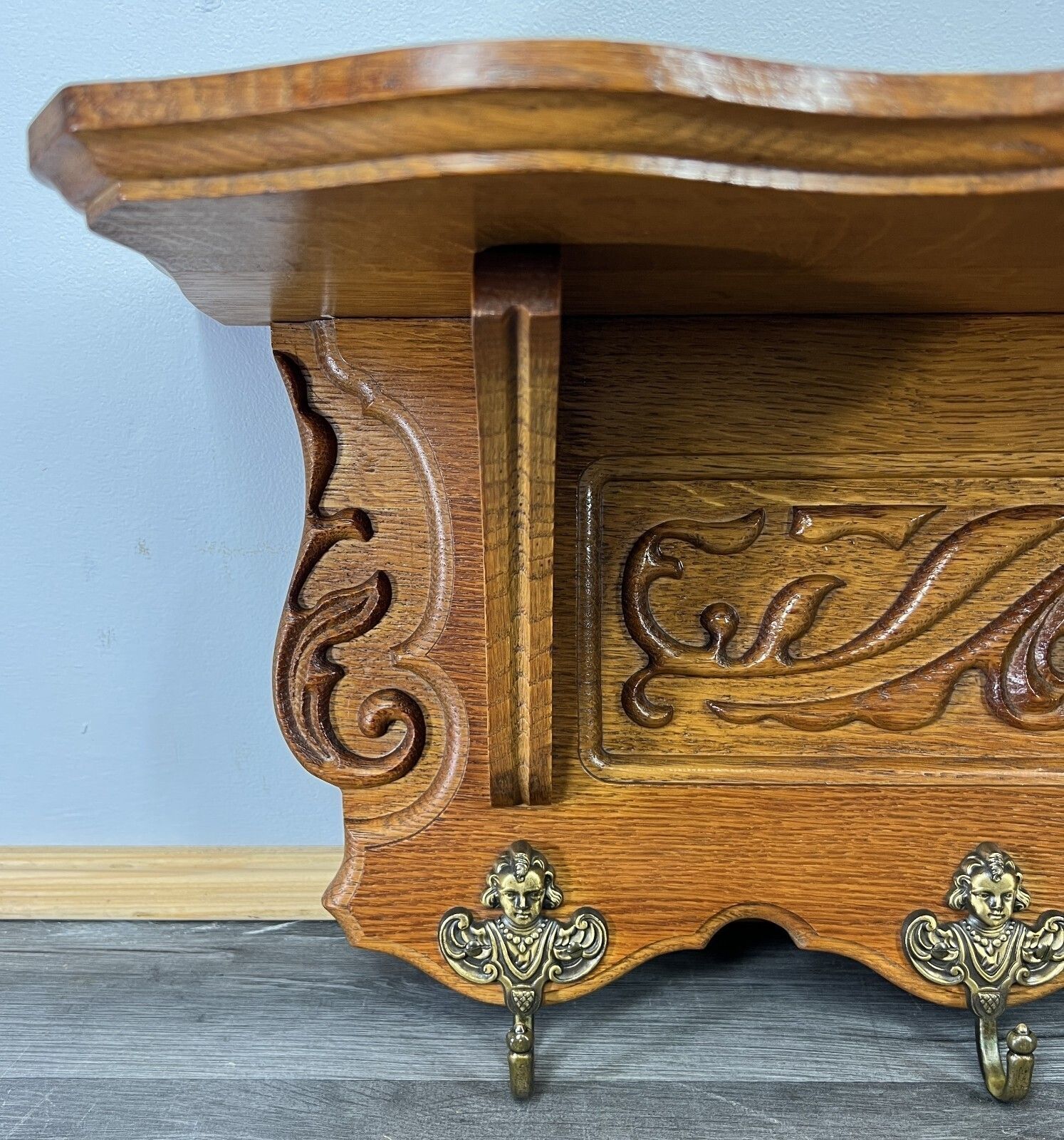 French Vintage Style Coat Rack Oak 5 Hooks Ornate Wall Shelf Coat Lot 4691 photo for sale