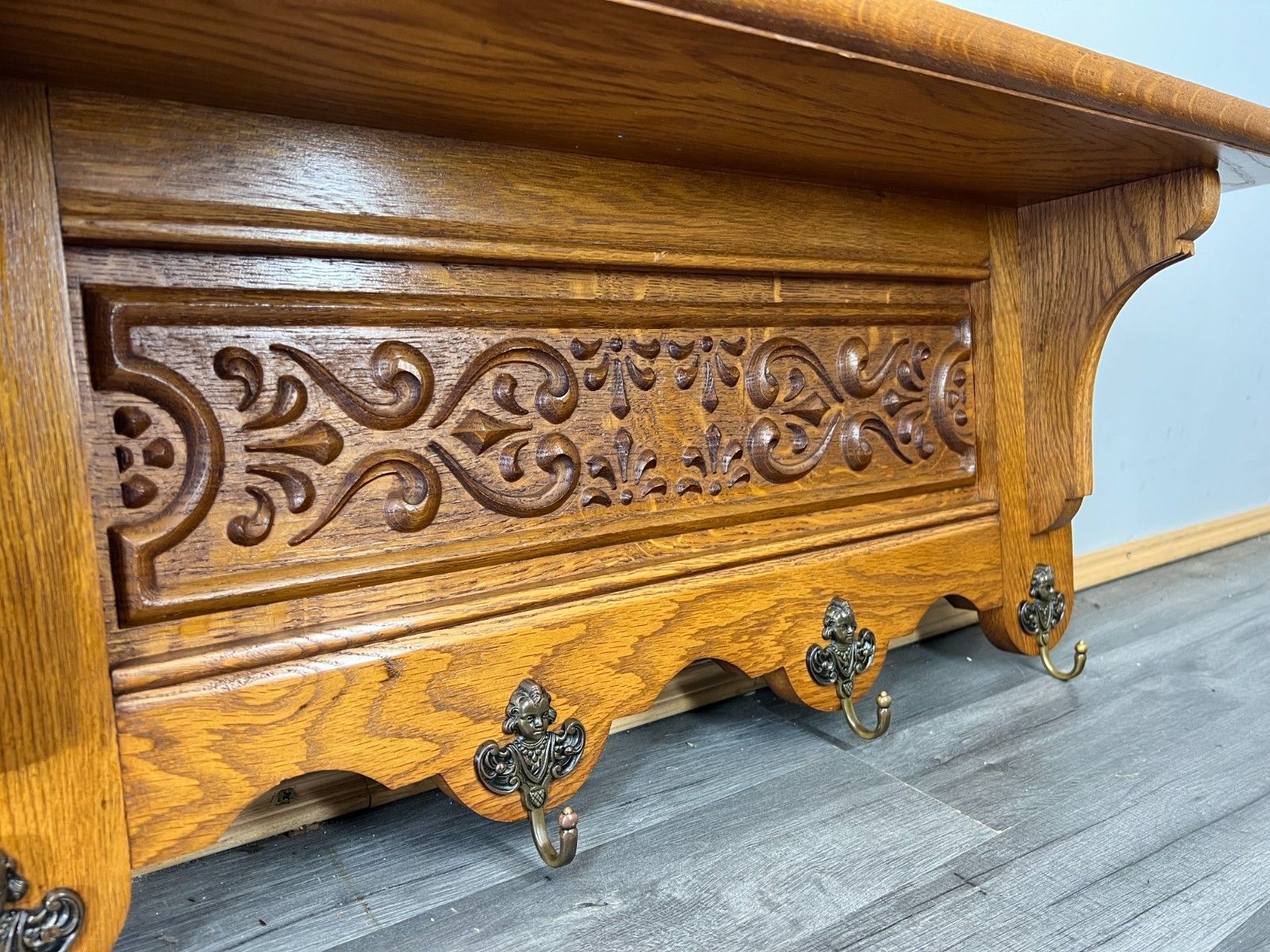 French Vintage Style Coat Rack Oak 4 Hooks Ornate Wall Shelf Coat Lot 4690