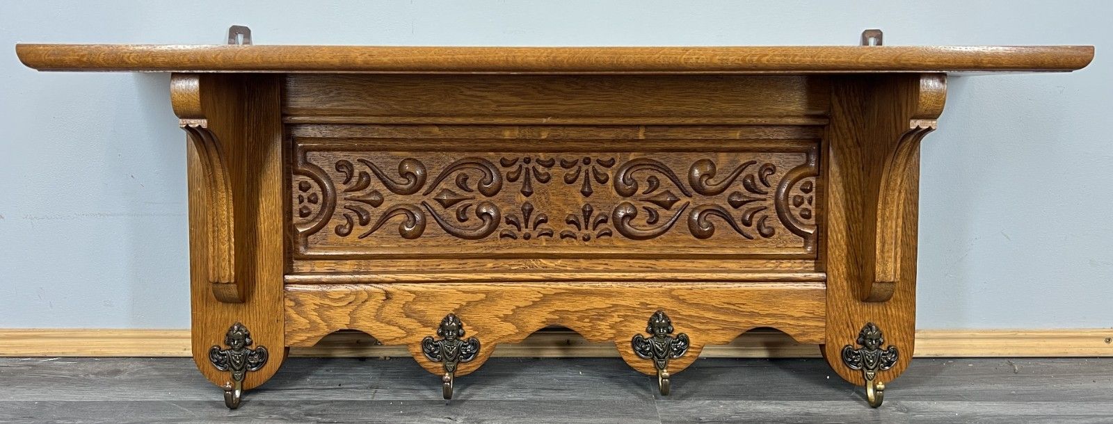 French Vintage Style Coat Rack Oak 4 Hooks Ornate Wall Shelf Coat Lot 4690 photo furniture