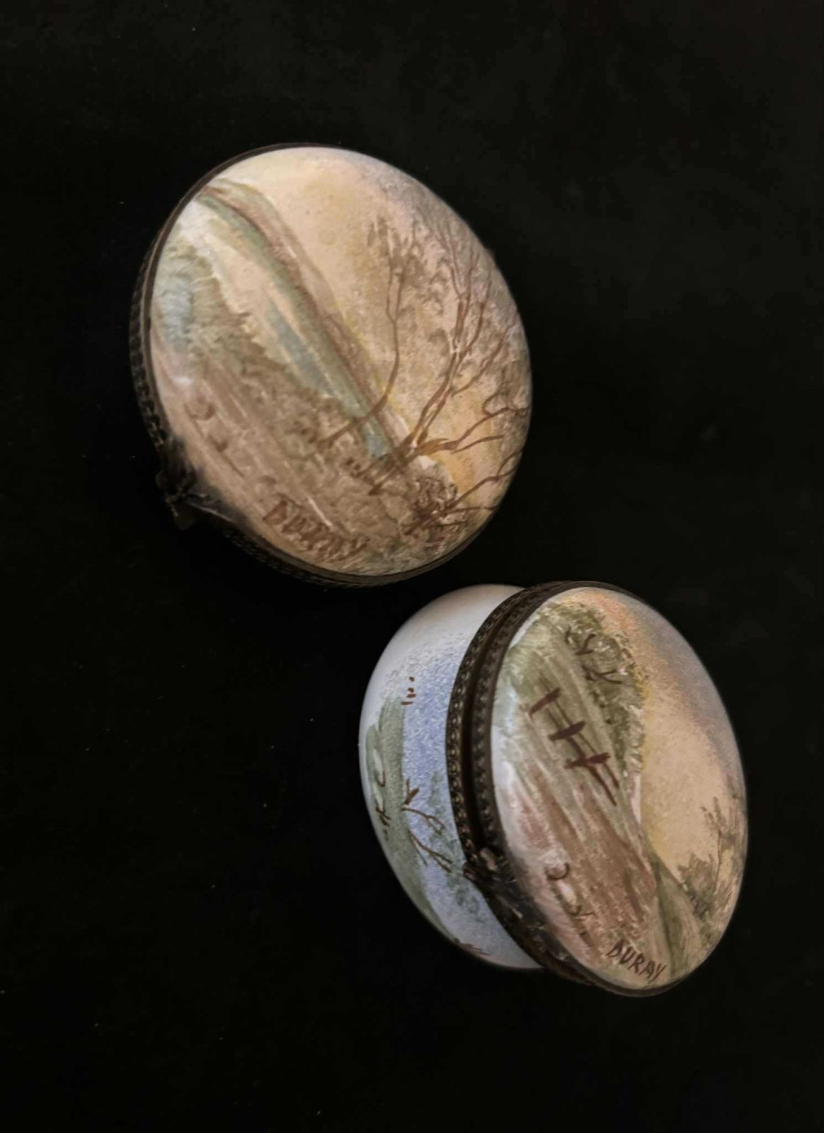 Set Of 2 Hand Painted French Porcelain Trinket Pill Boxes – Signed Buray – Landscapes With Bronze Mounts