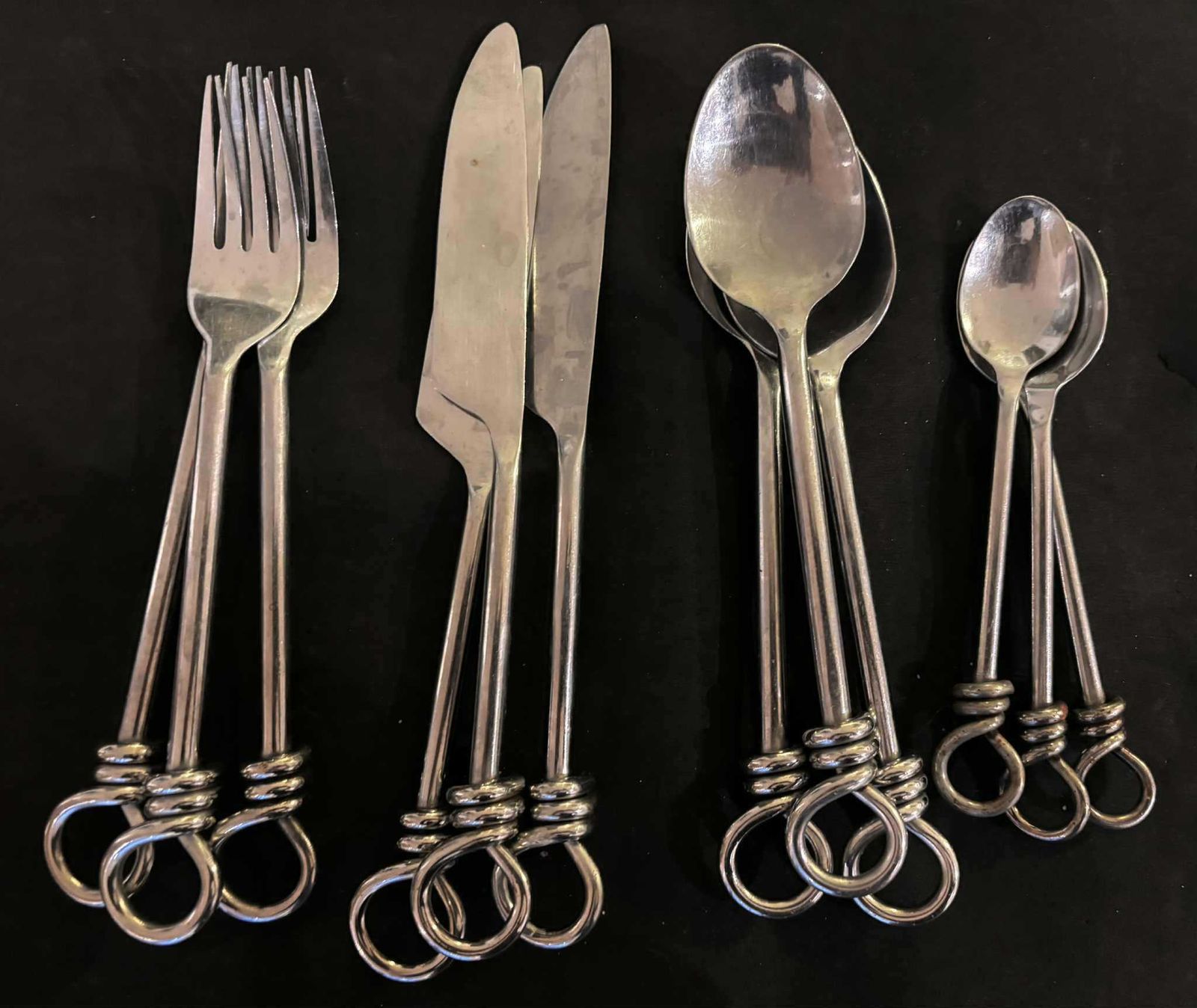 Set Of 12 Flatware Twist Cutlery French Forged Knot Twisted Ends Swirl Flatware Gift For Couple Brutalist Decor, Medieval Style Viking