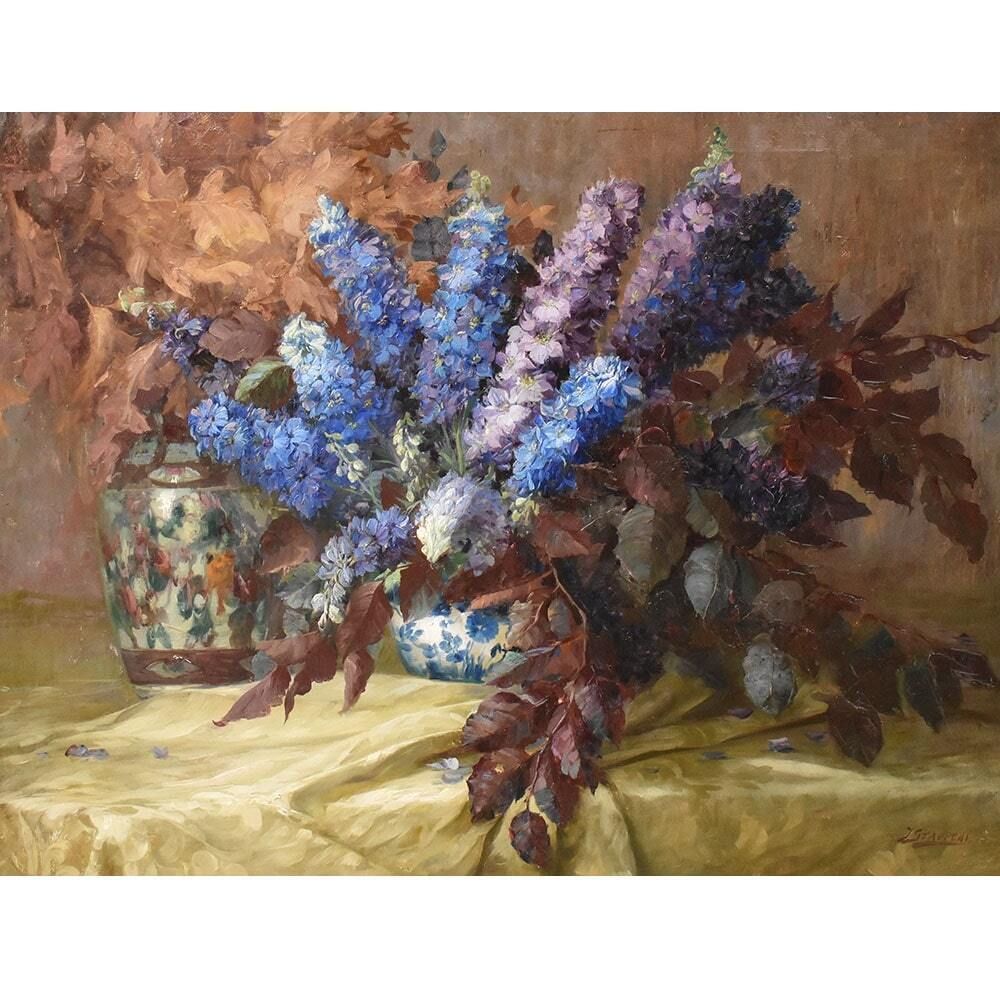 Beautiful Flower Paintings, Delphinium, Oil Painting, Julien Stappers, Art Deco, XX Century photo for sale