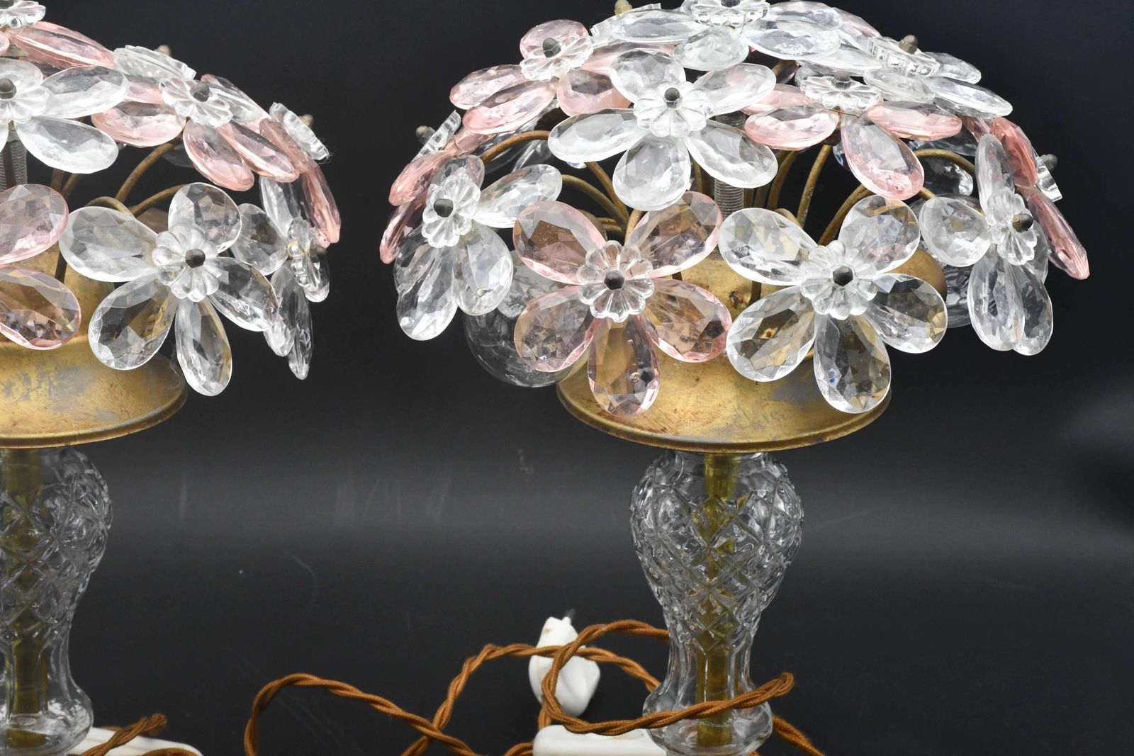 Set Of 2 Larg Table Lamp Crystal Glass Flower Pink And Crystal, Brass Base, 1960 photo for sale