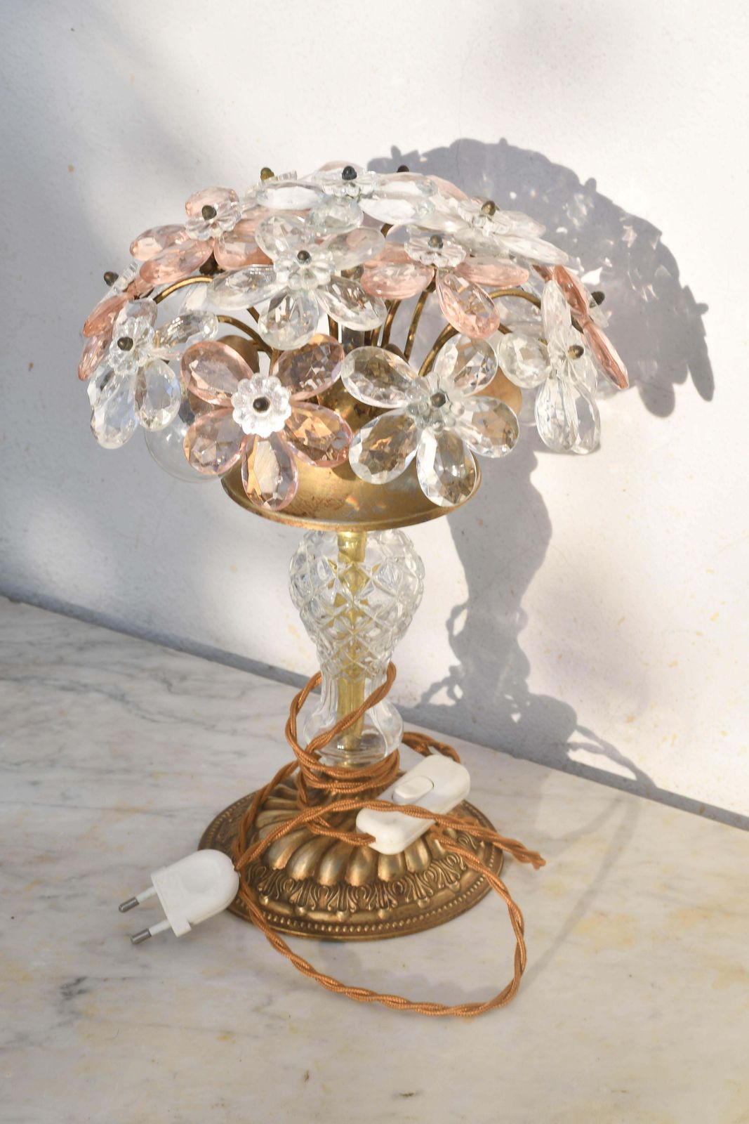 Set Of 2 Larg Table Lamp Crystal Glass Flower Pink And Crystal, Brass Base, 1960 photo vinterior